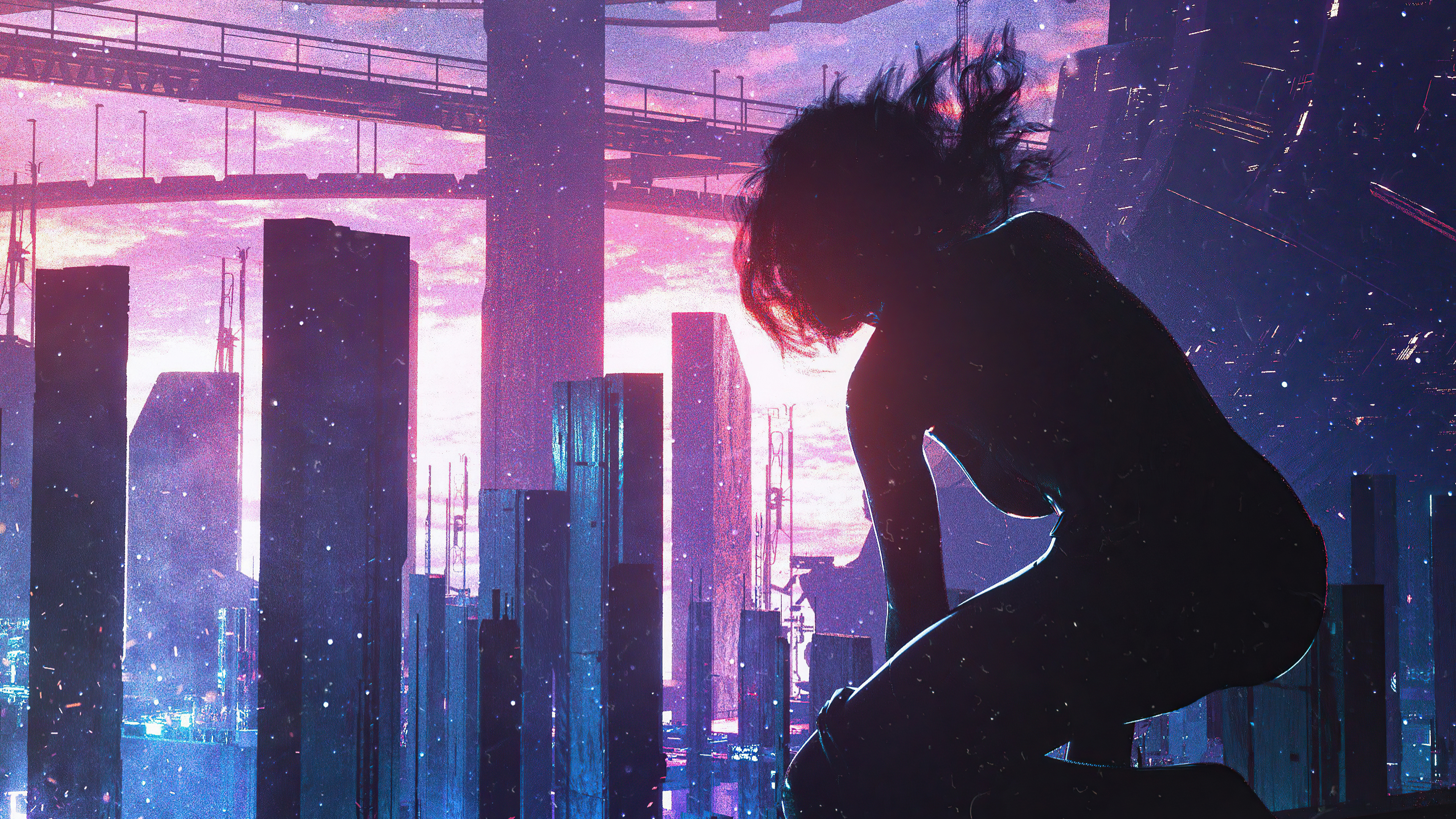 Silhouette of a woman in a futuristic city HD Wallpaper