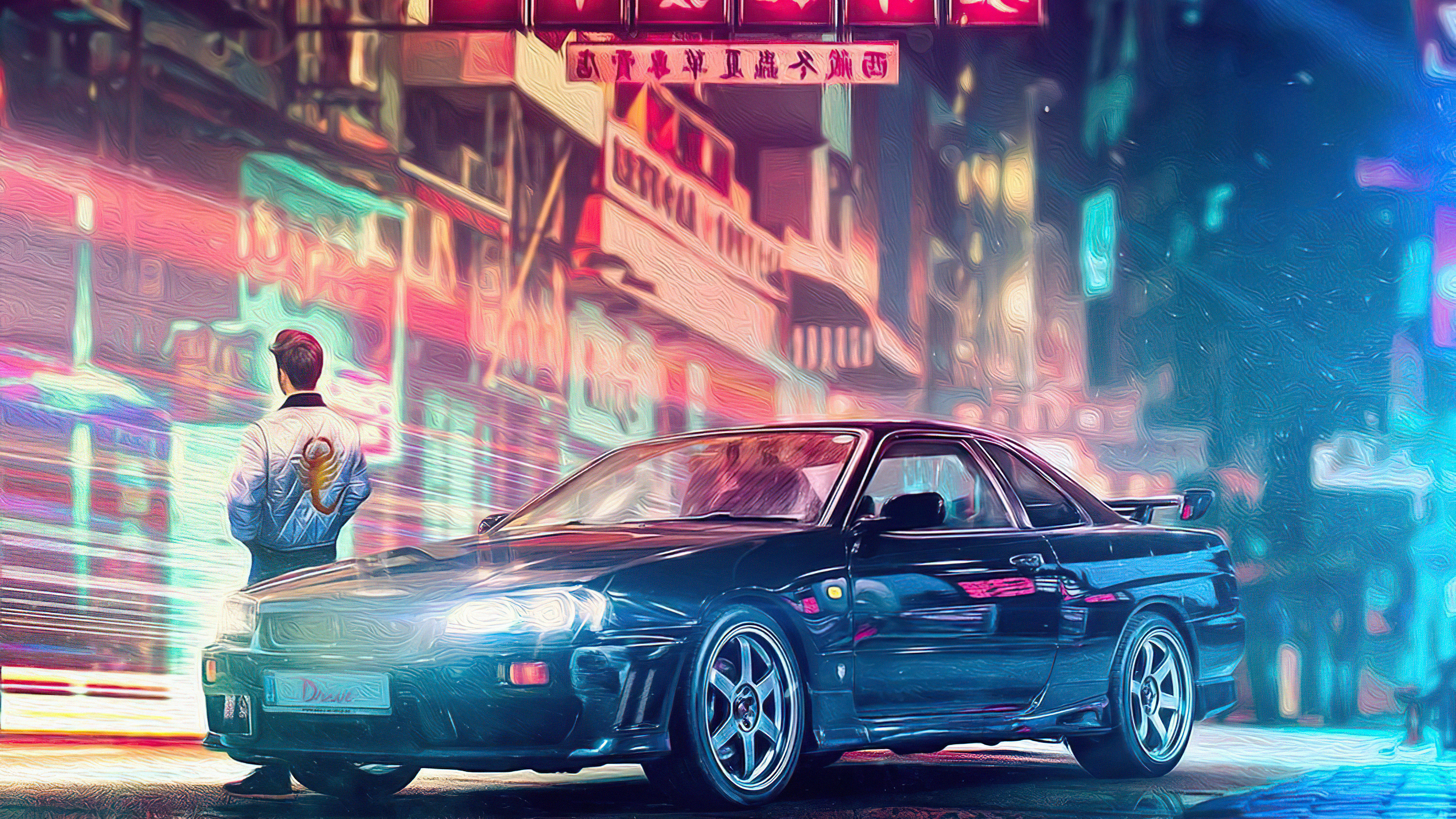 Man in Scorpion Jacket and Car in Neon City HD Wallpaper