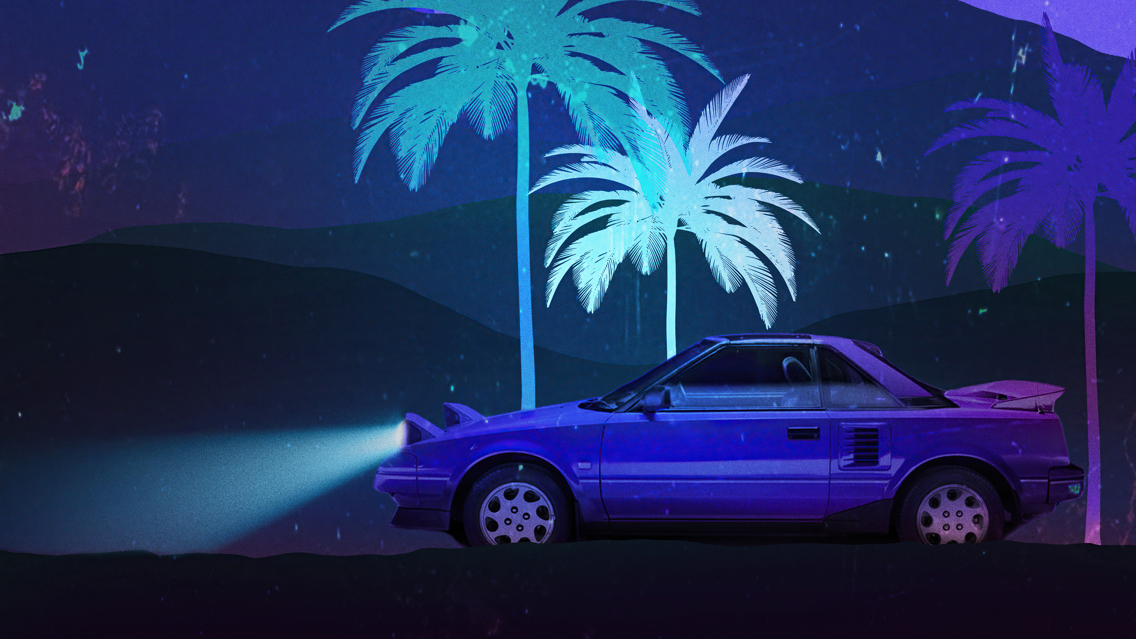 Retro purple sports car driving at night with palm trees HD Wallpaper