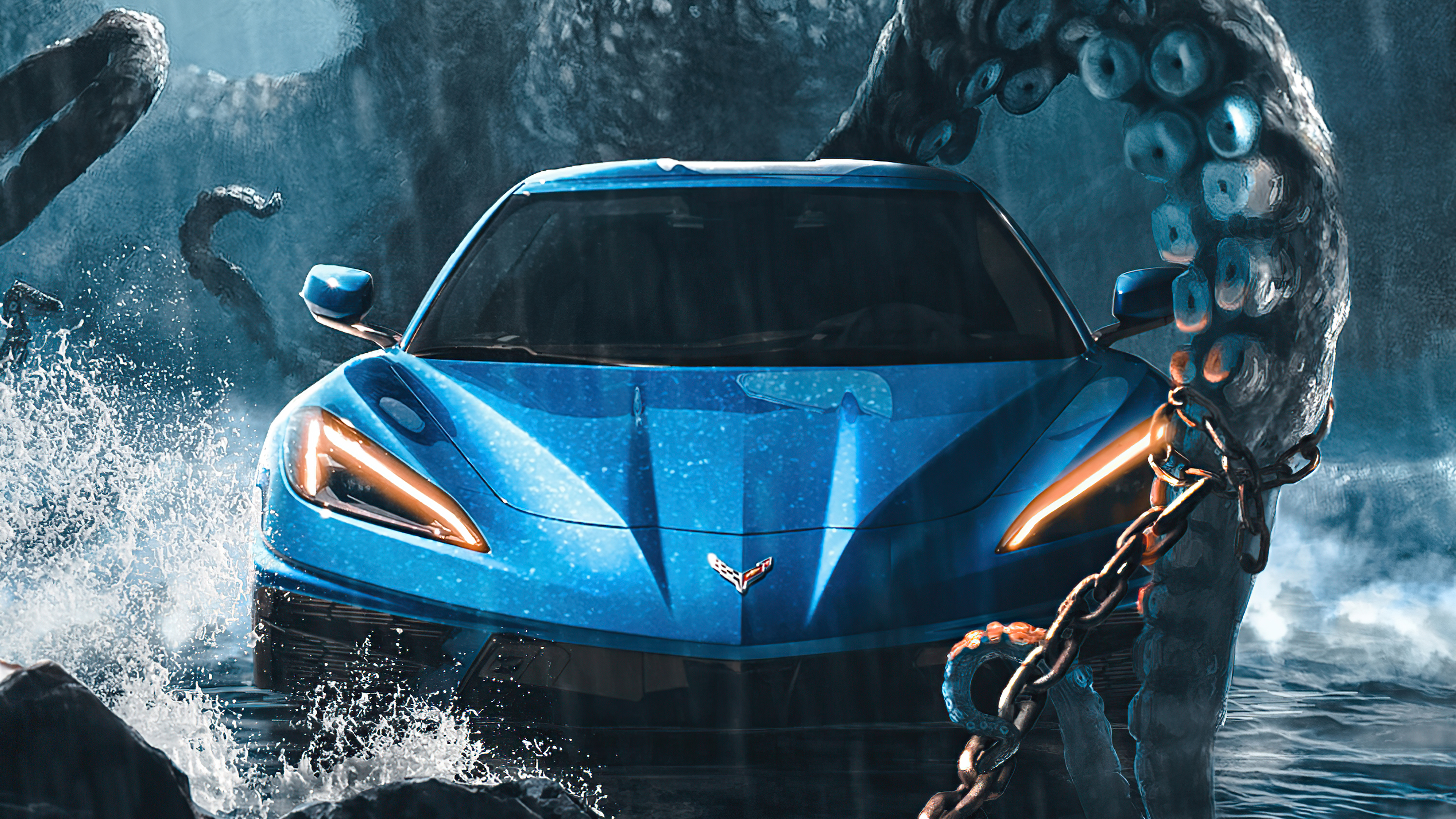 Blue 2021 Chevrolet Corvette with Kraken Tentacles HD Wallpaper
