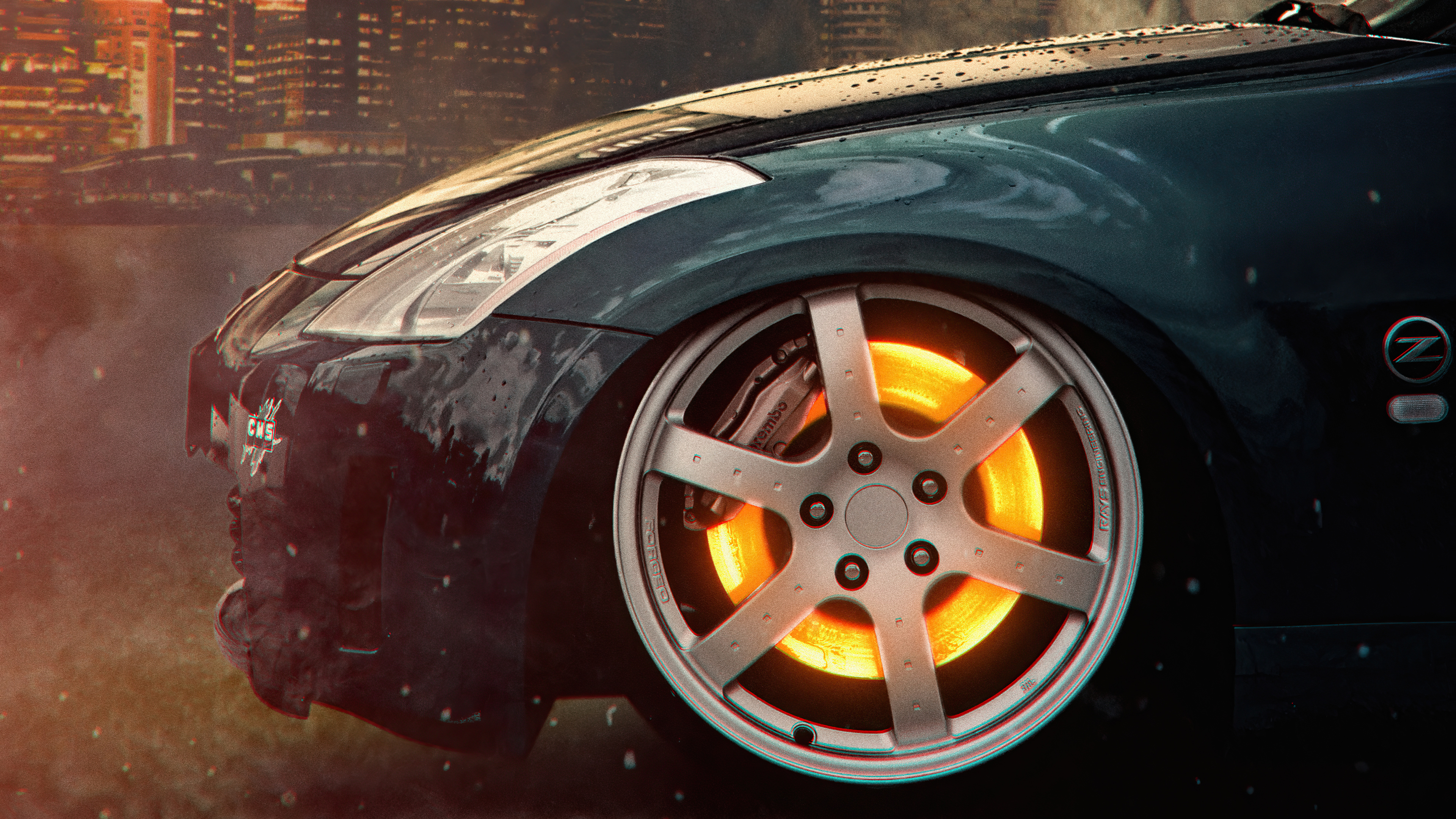 Close-up of a car wheel with glowing brakes HD Wallpaper
