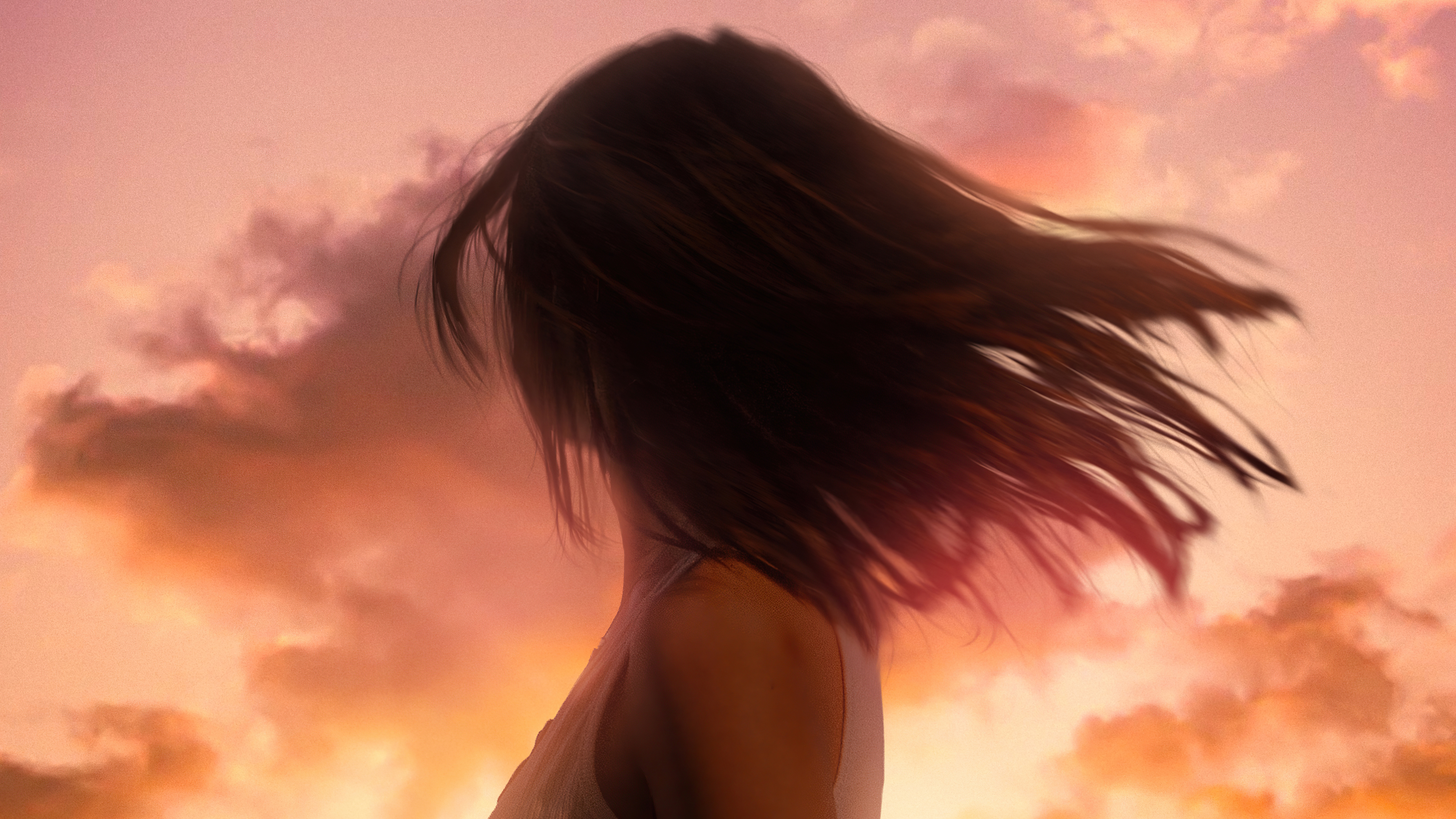 Girl with windblown hair against sunset clouds HD Wallpaper