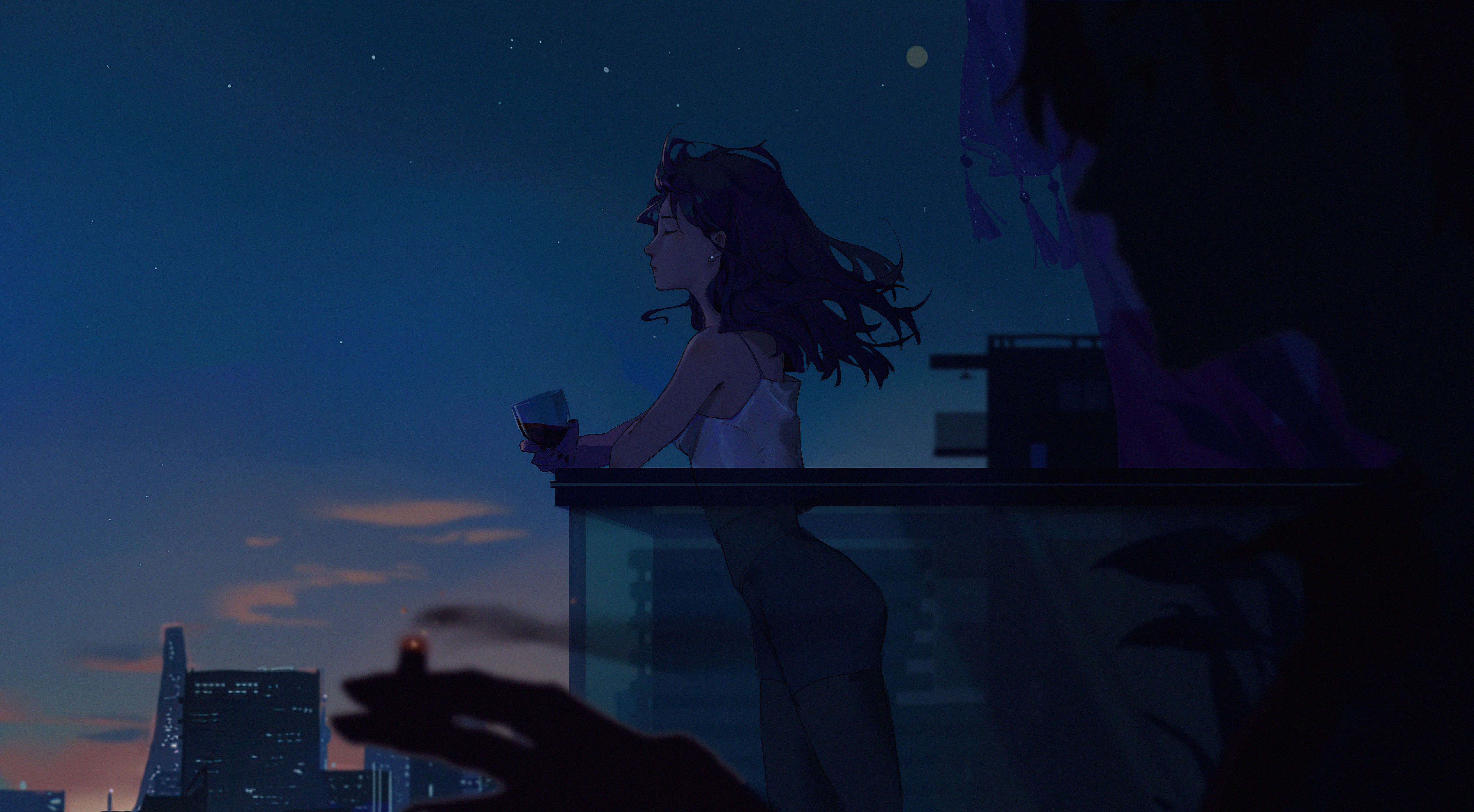 Woman with wine and cigarette on balcony at night HD Wallpaper