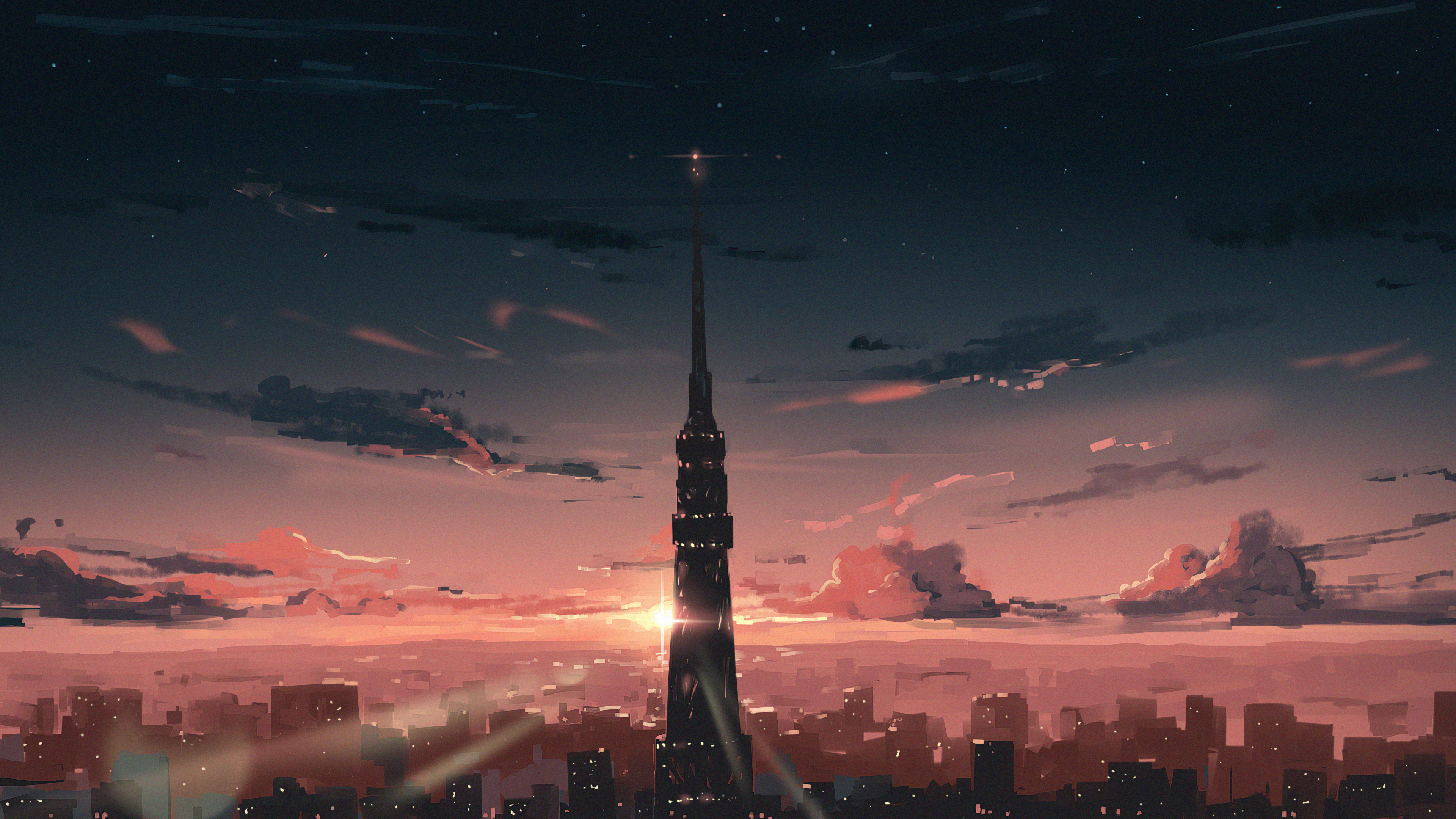Anime cityscape with tower at sunset 4K HD Wallpaper