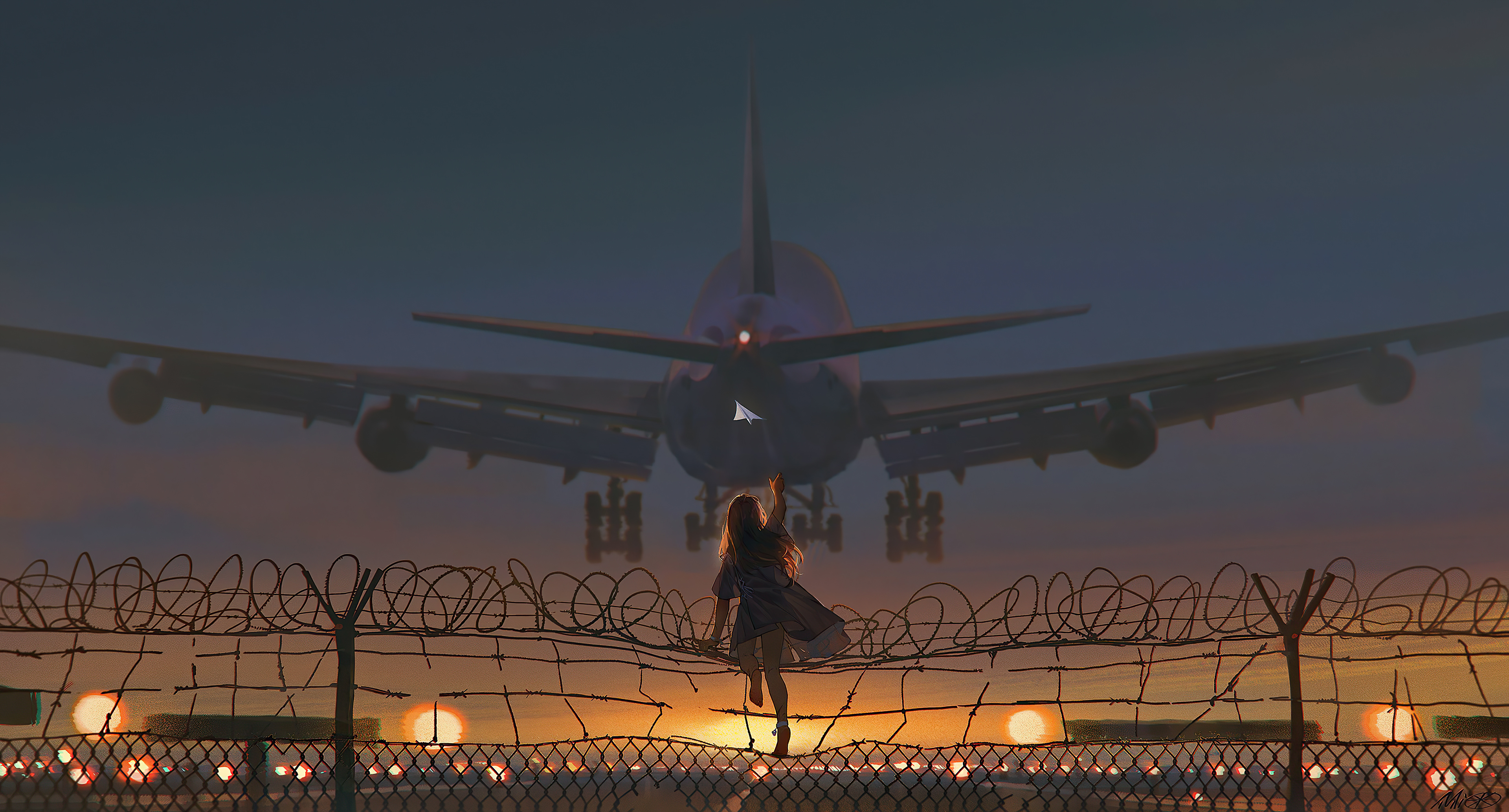 Girl reaching for airplane at sunset HD Wallpaper