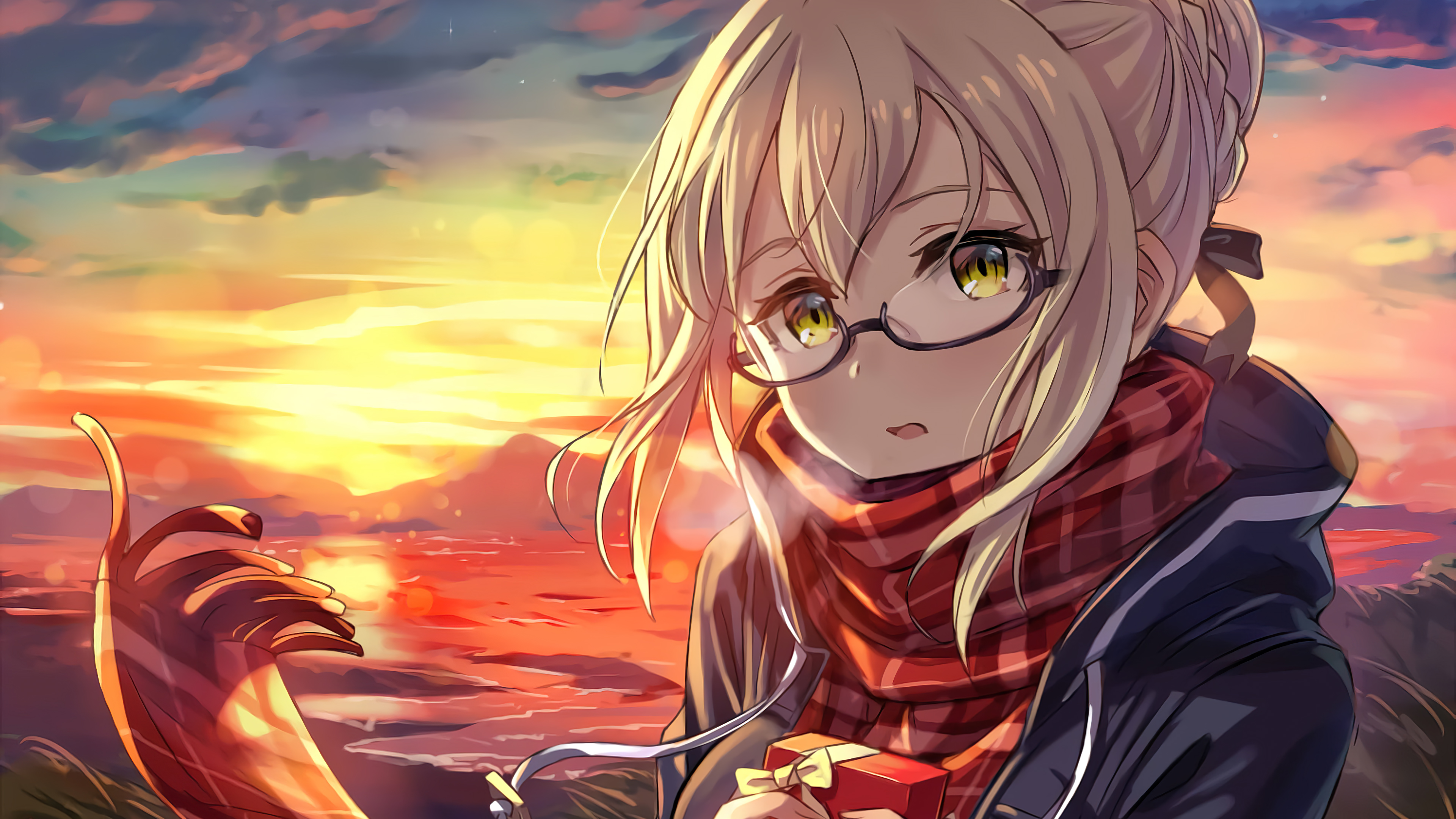 Anime girl with glasses and scarf at sunset HD Wallpaper