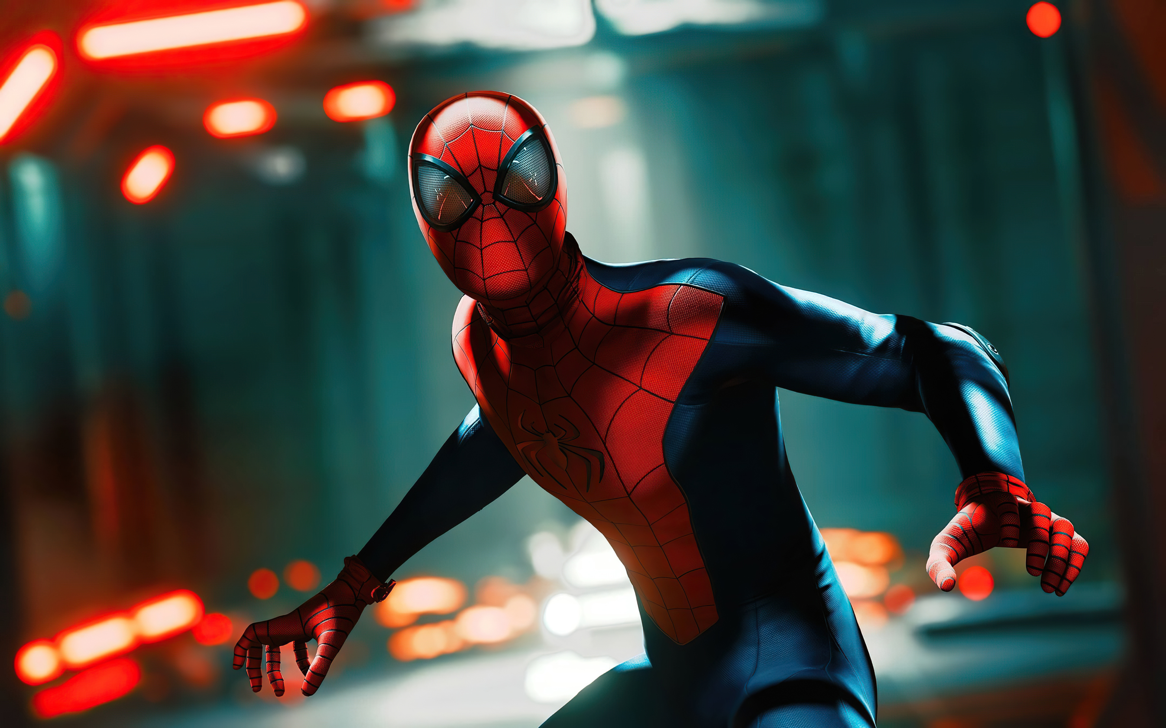 Spider-Man in a dark, futuristic city HD Wallpaper