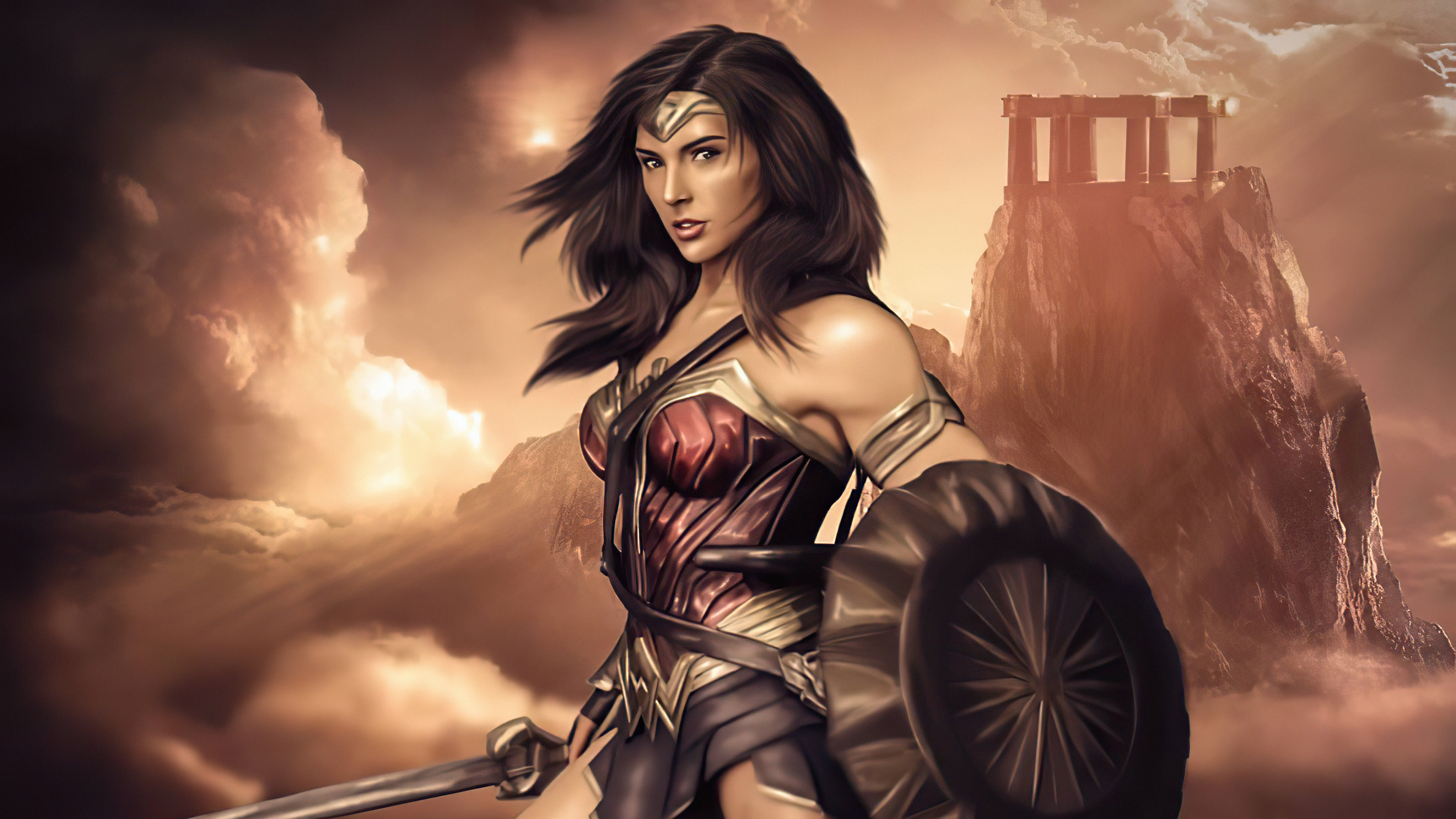 Wonder Woman on a mountain with ruins HD Wallpaper