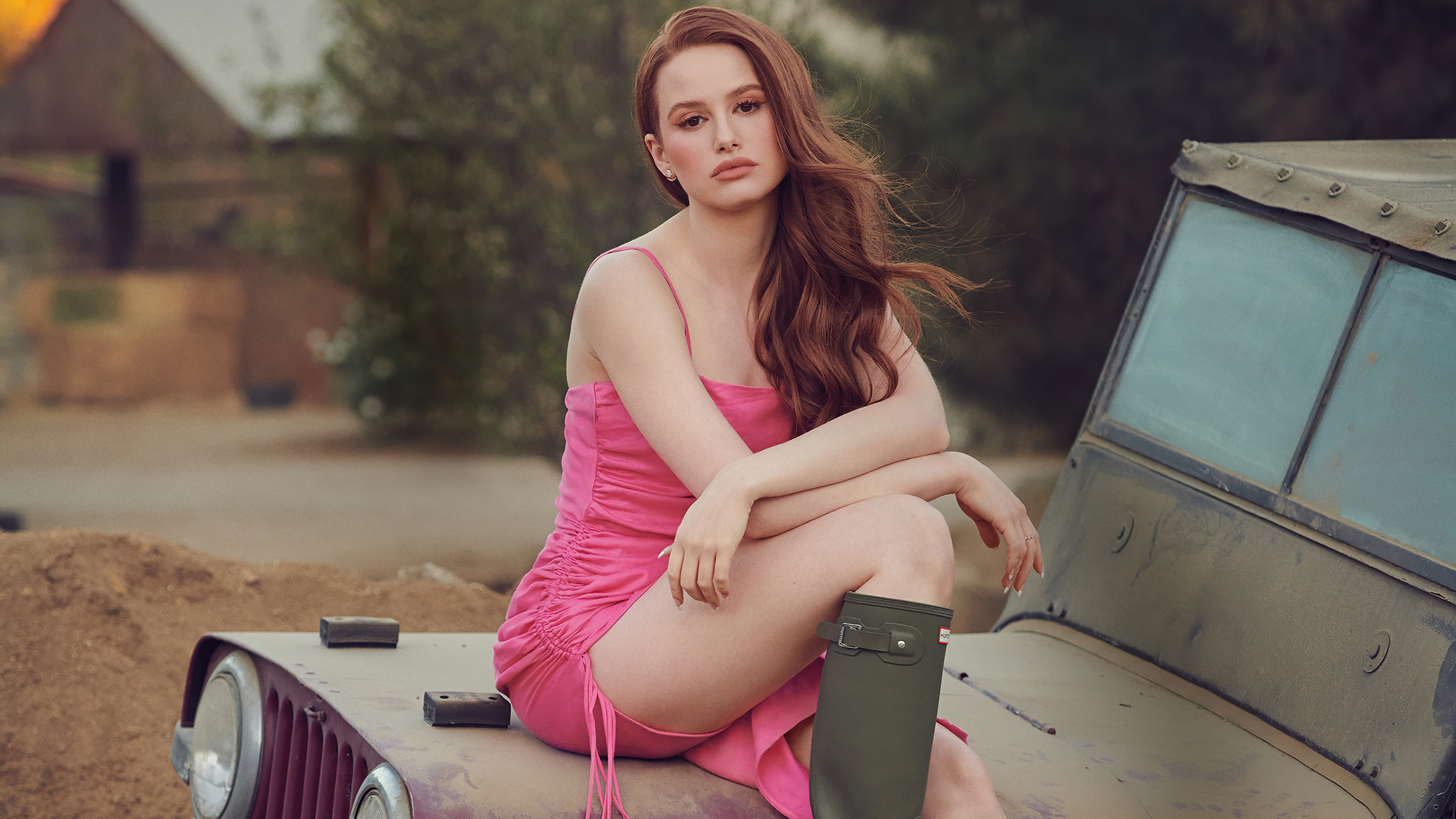 Madelaine Petsch in a pink dress and green boots HD Wallpaper