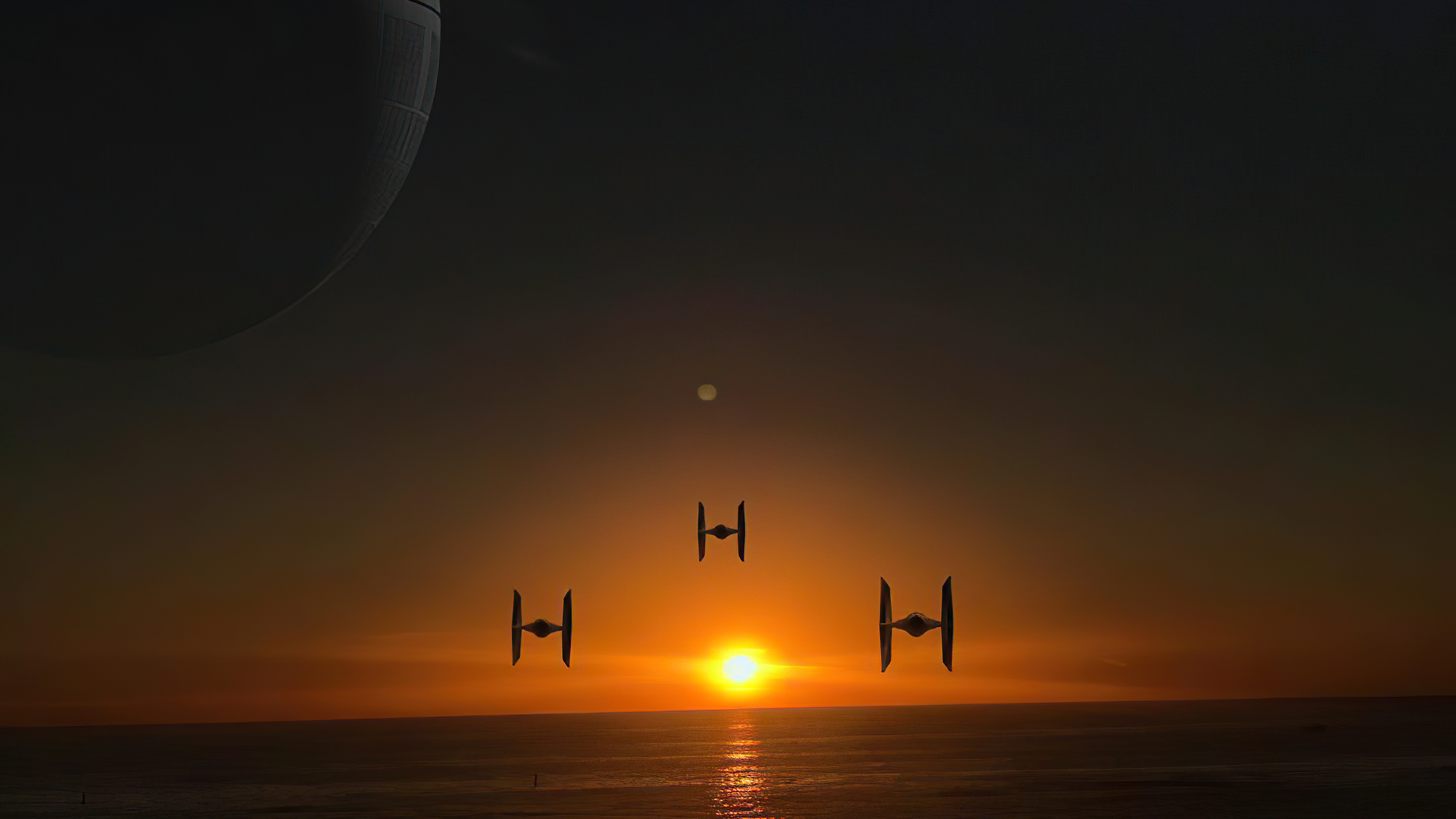 Star Wars Death Star and TIE Fighters at Sunset HD Wallpaper
