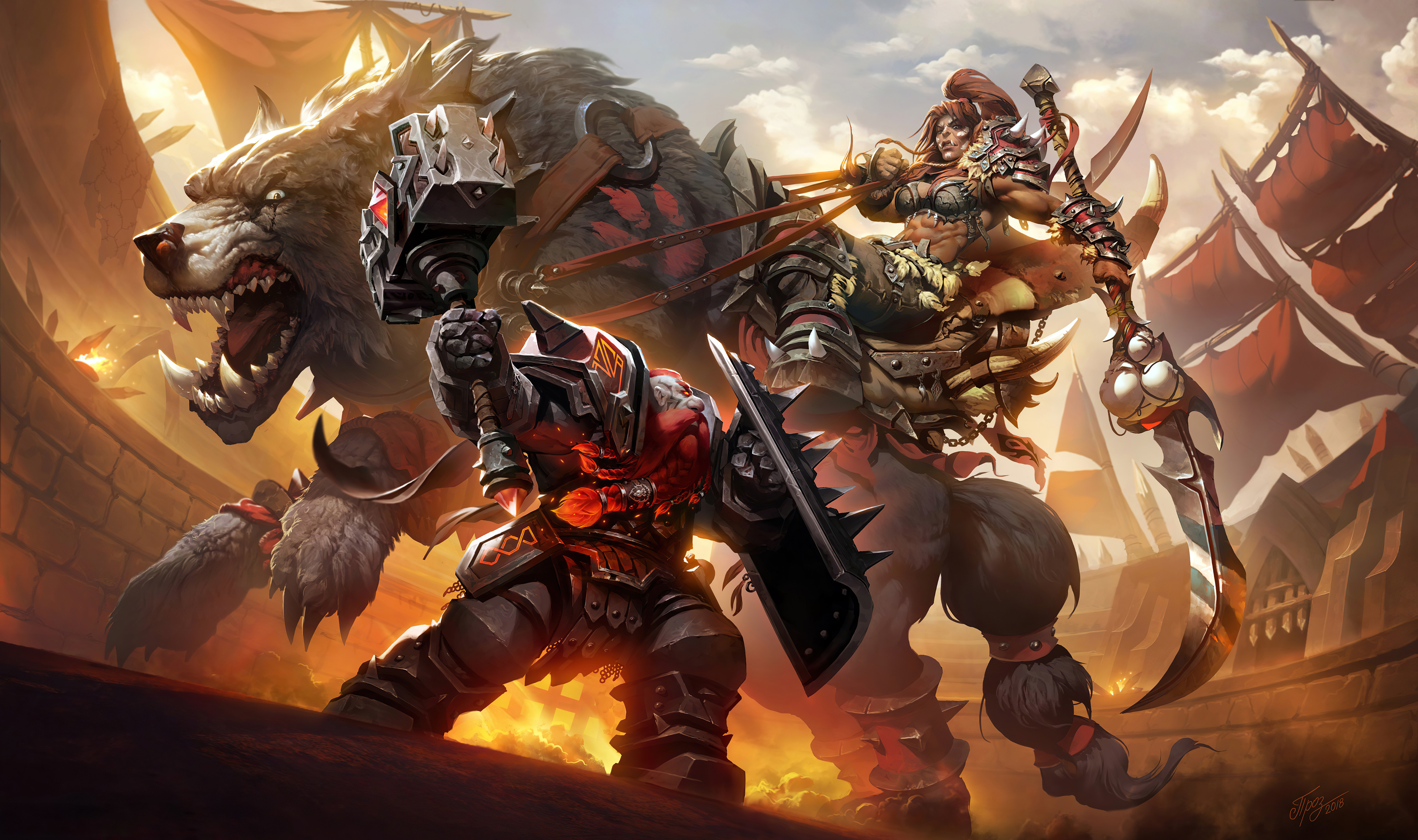 Orc warrior riding a wolf-like creature in a battle arena HD Wallpaper