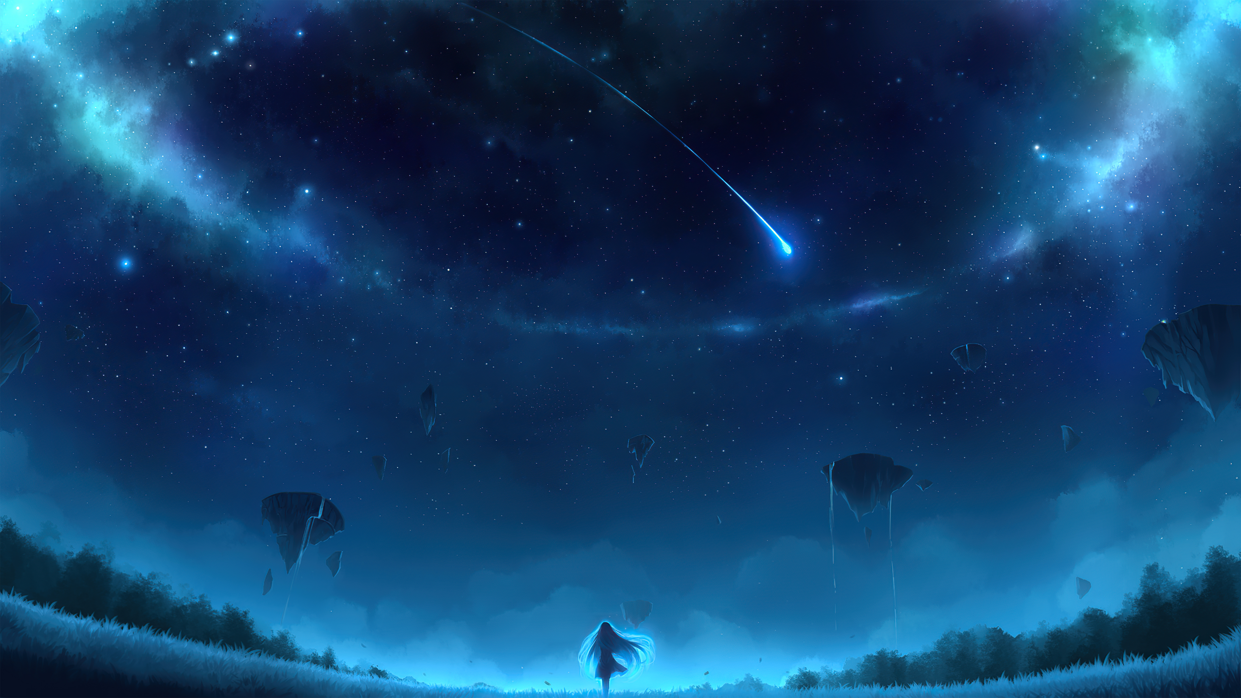 Digital Art of a Starry Night Sky with Floating Islands HD Wallpaper