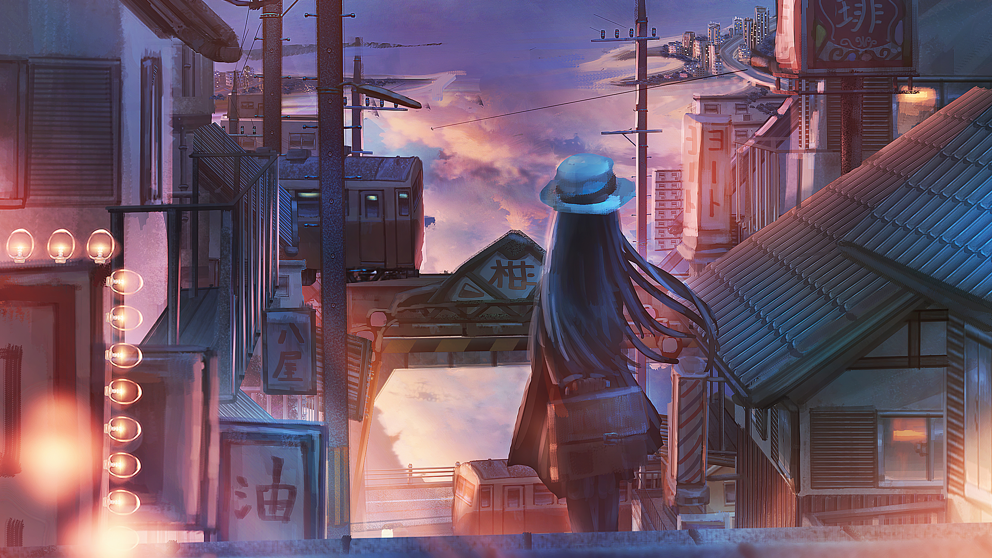 Anime girl with hat in city at sunset HD Wallpaper