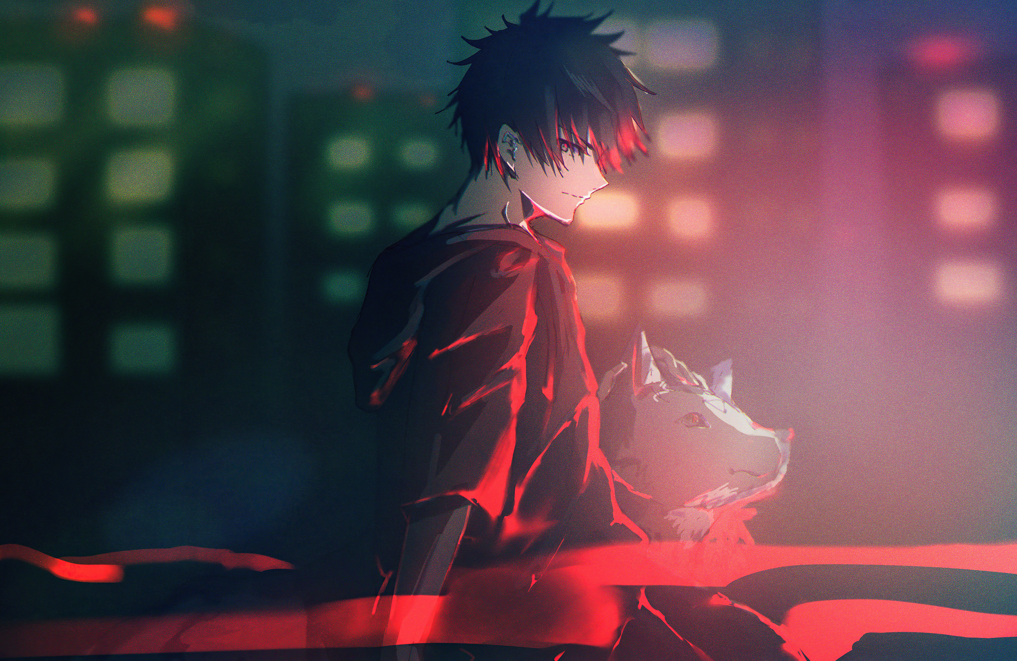 Anime boy with wolf in city at night HD Wallpaper