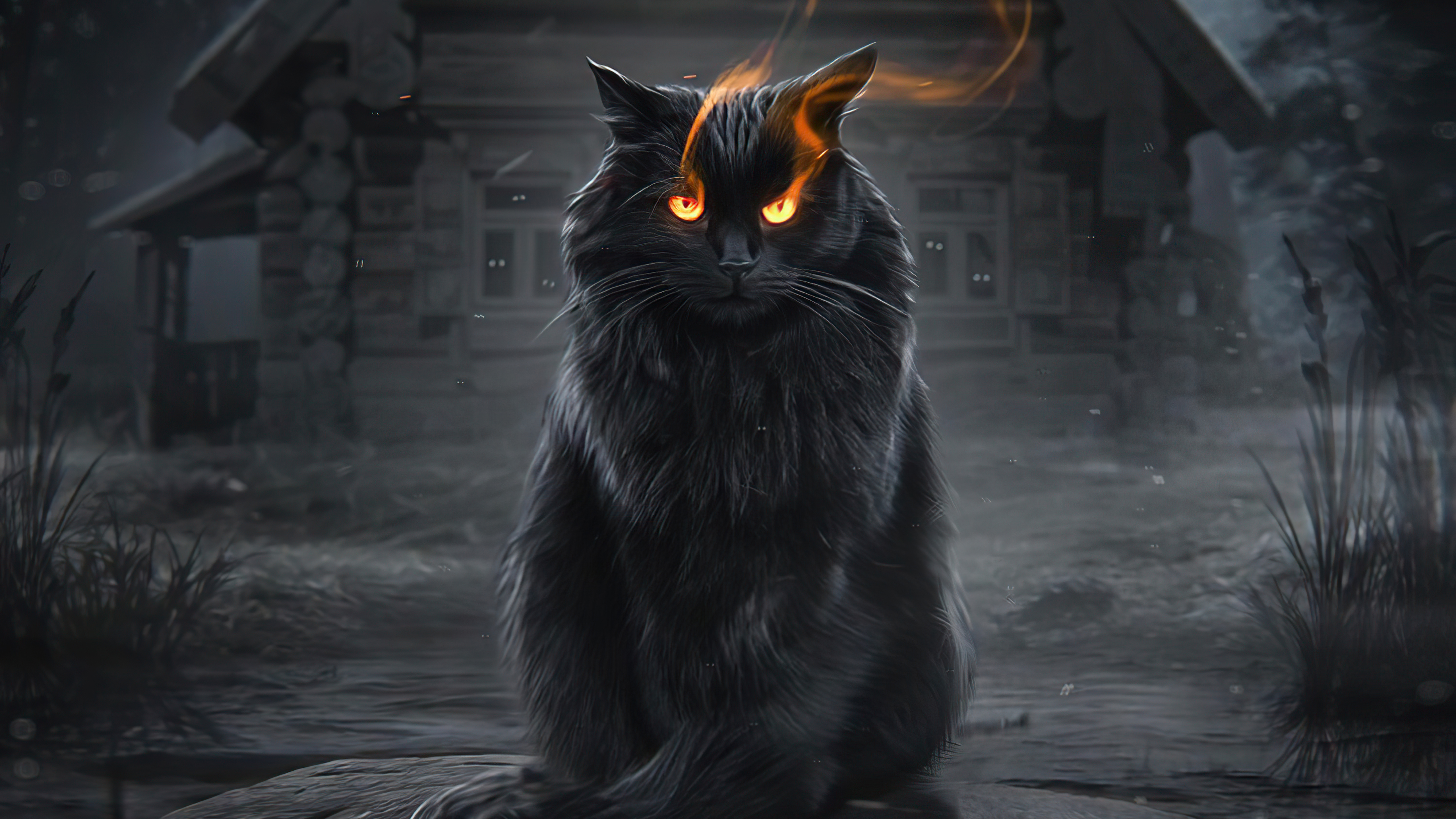 Black cat with fiery eyes in front of a cabin HD Wallpaper