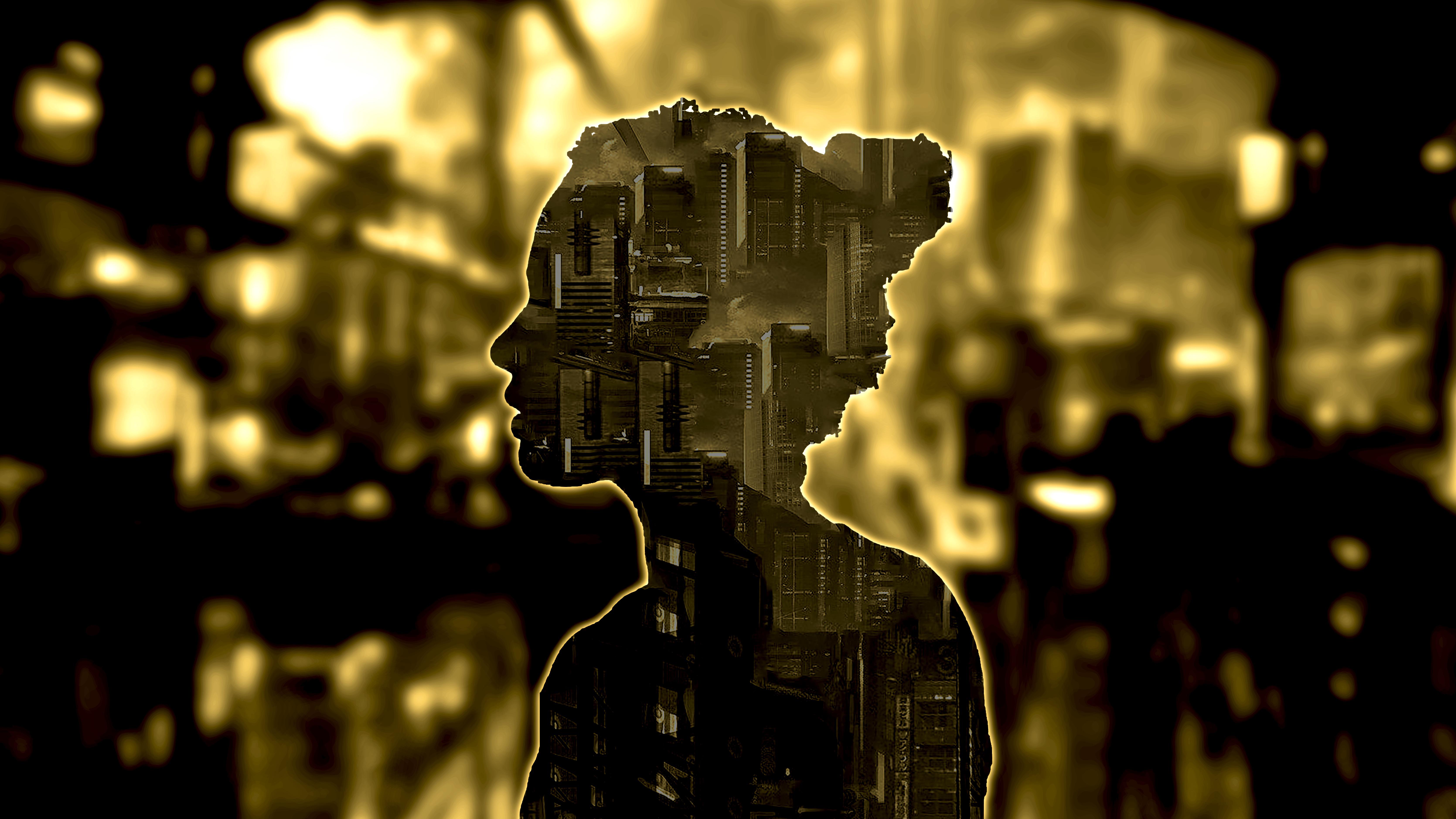 Silhouette of a woman with a cityscape inside HD Wallpaper