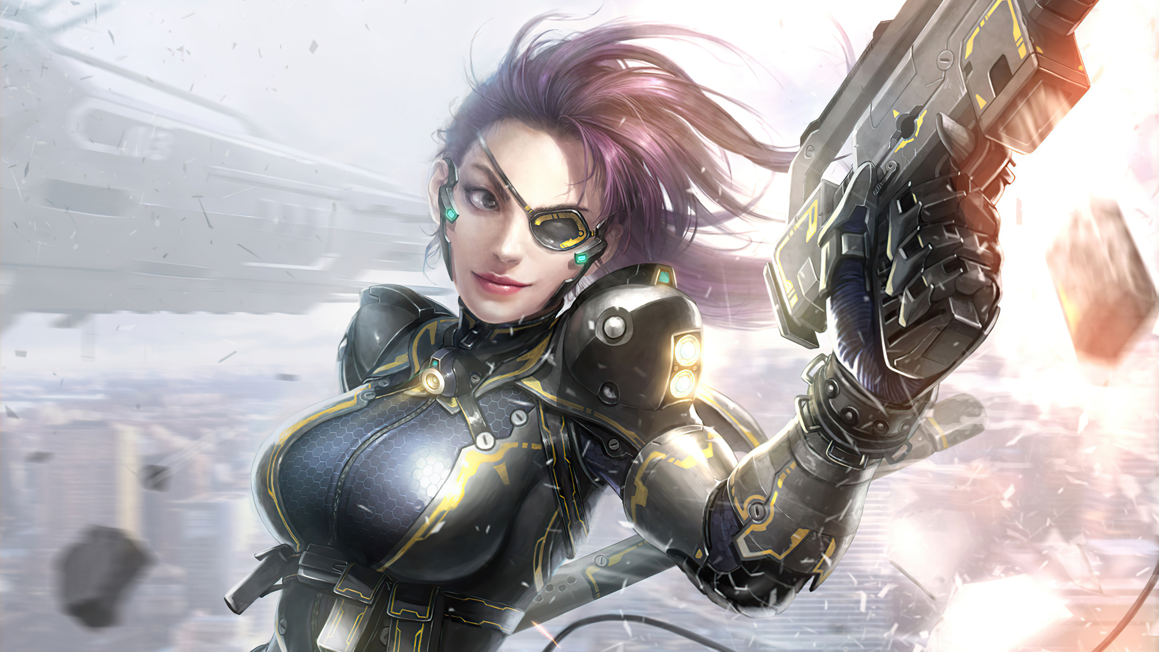 Sci-fi warrior with cybernetic eye and gun HD Wallpaper