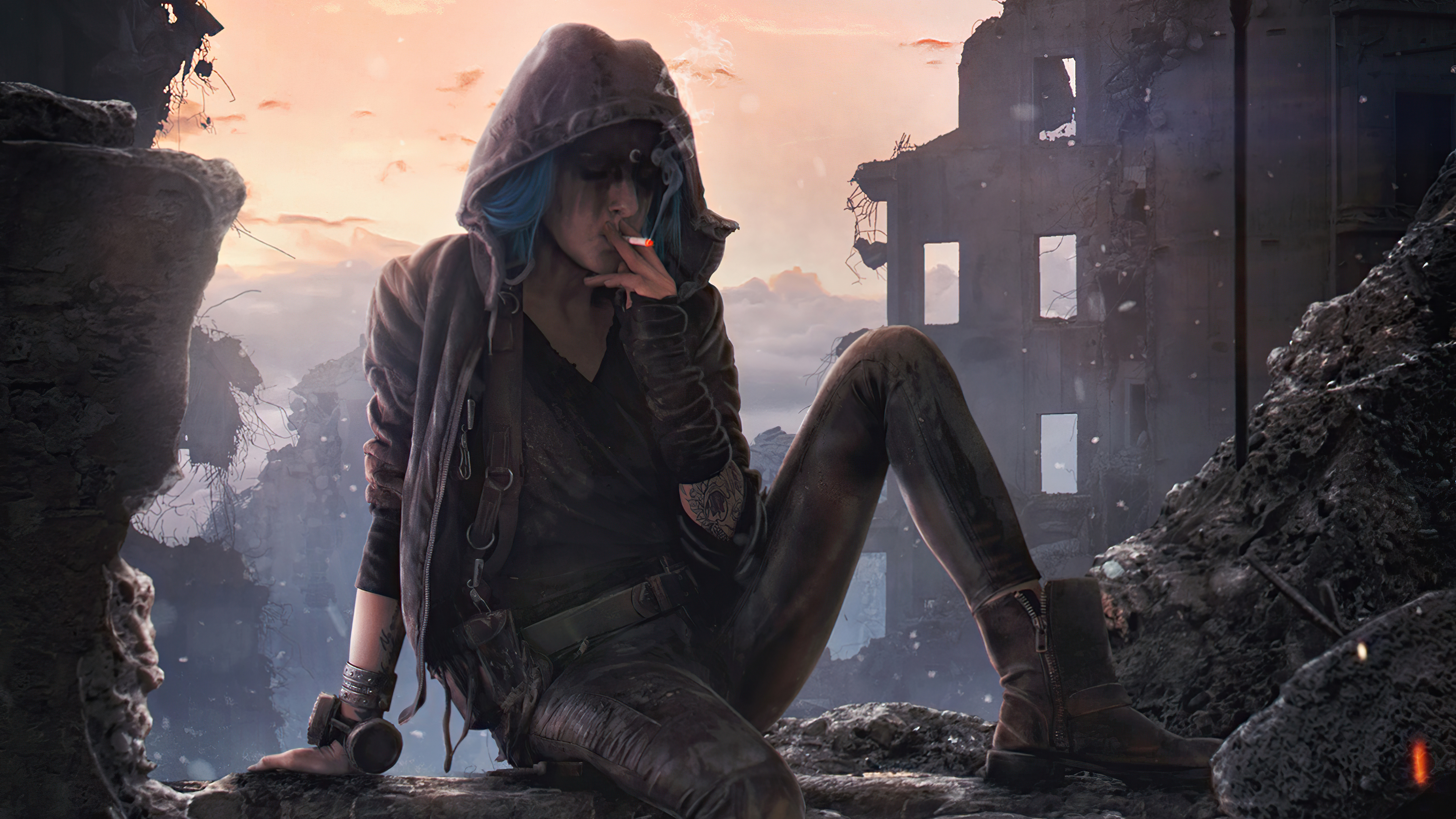 Woman with blue hair smoking in ruins HD Wallpaper