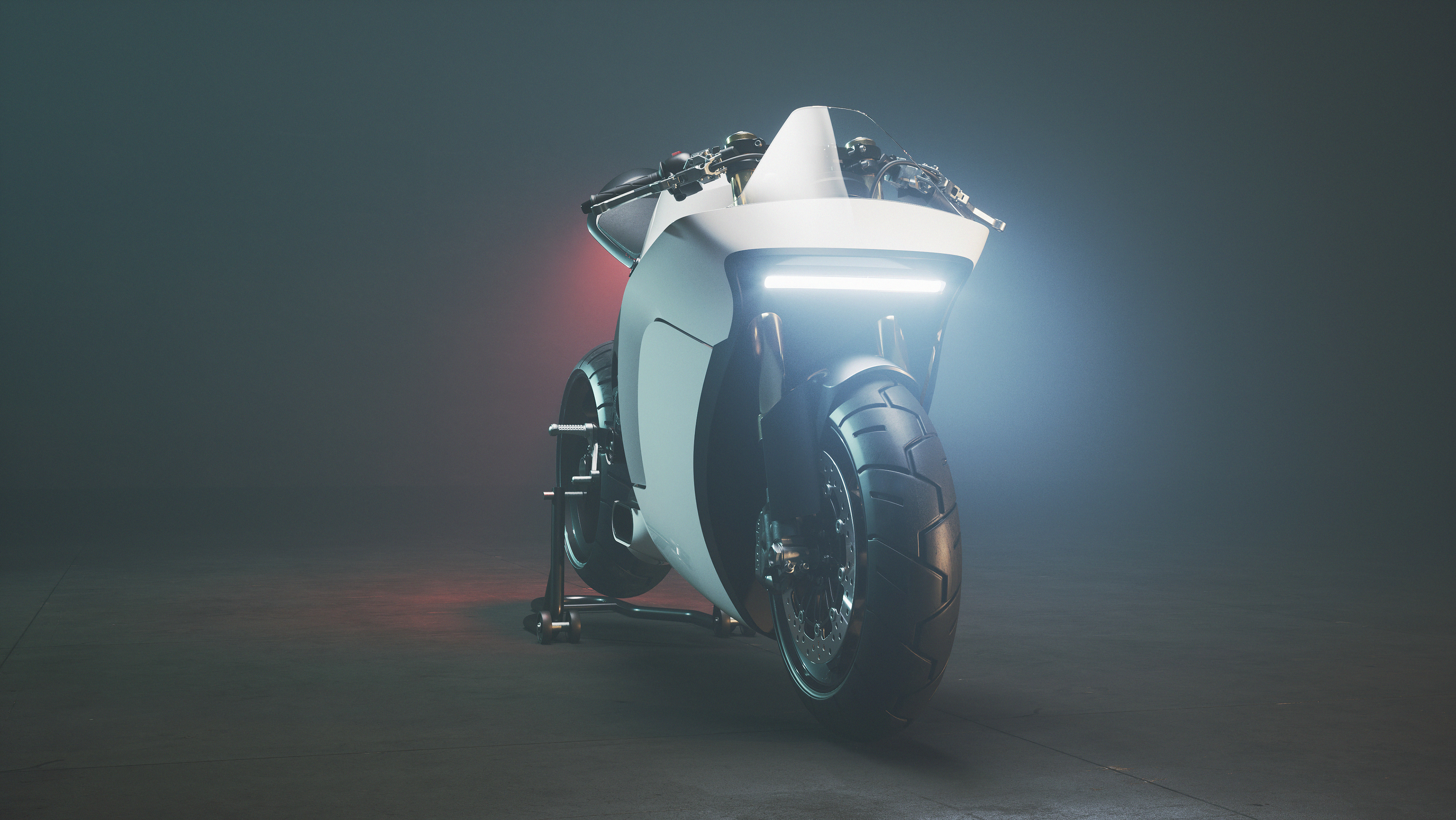 White futuristic motorcycle on a stand HD Wallpaper