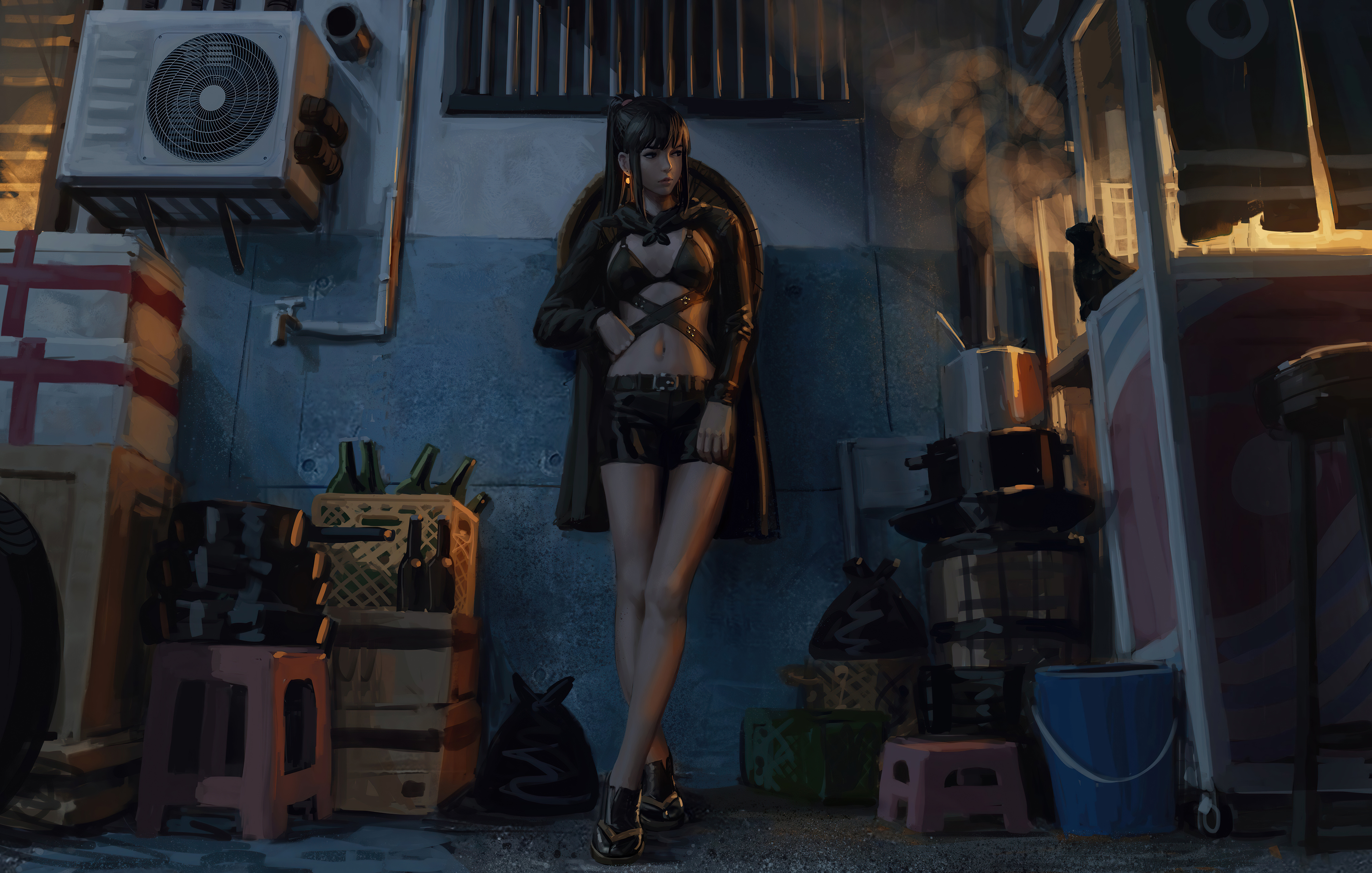 Woman in alleyway with trash and bottles HD Wallpaper