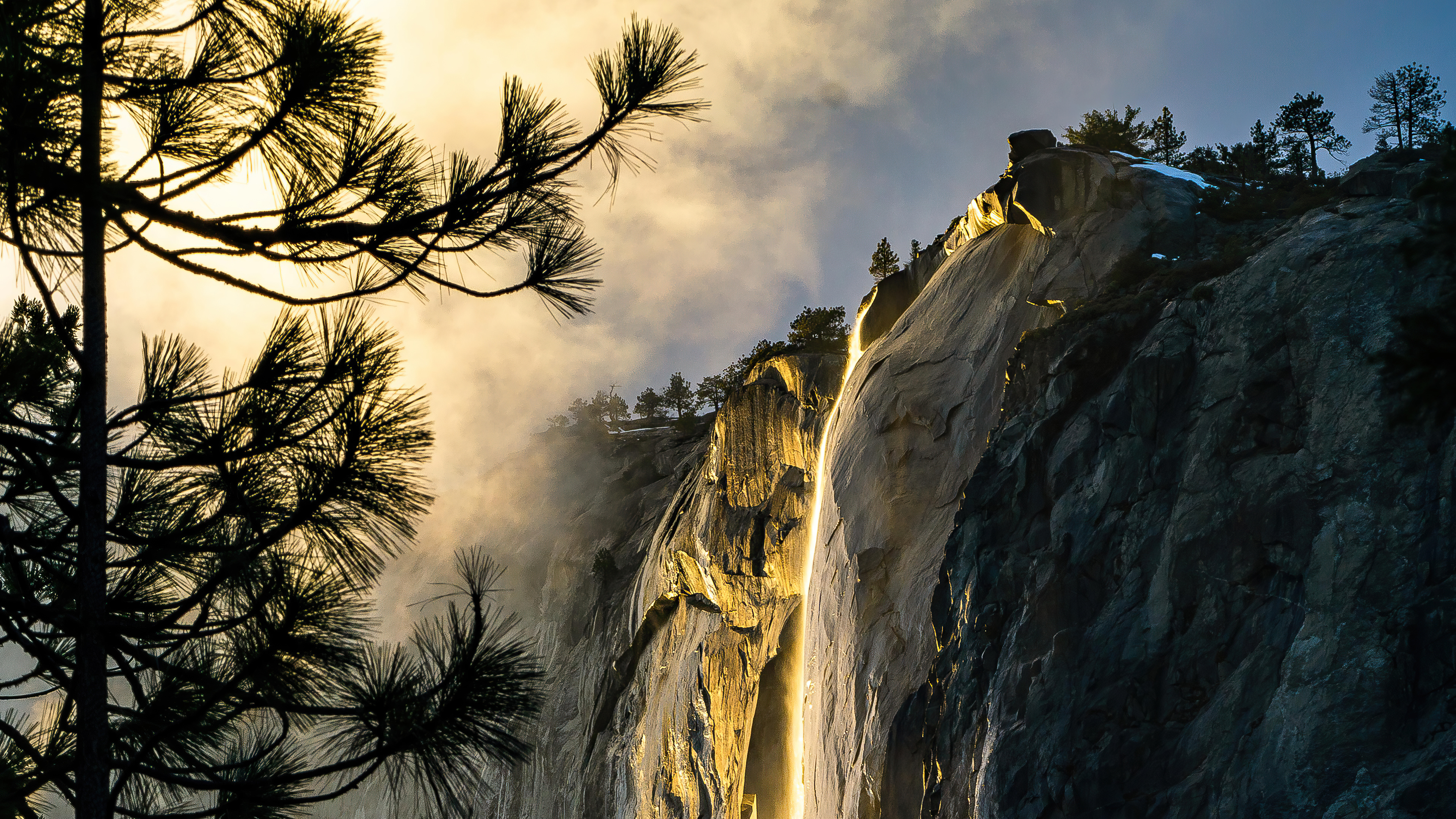 Yosemite National Park waterfall at sunset HD Wallpaper