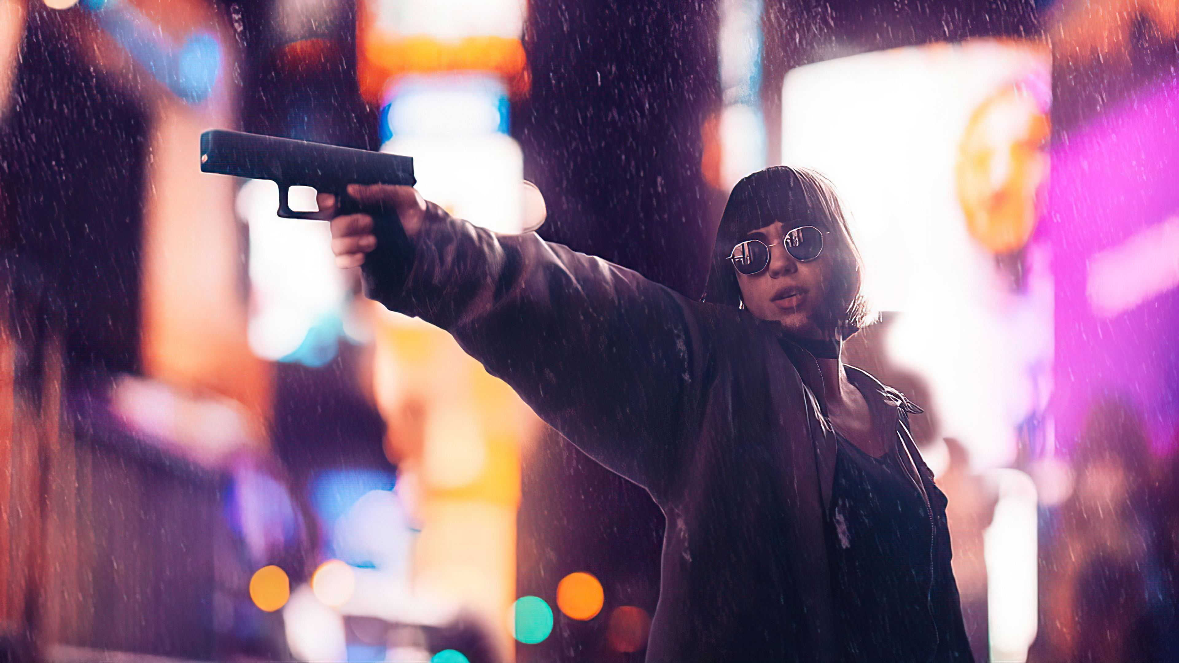 Woman holding a gun in the rain HD Wallpaper