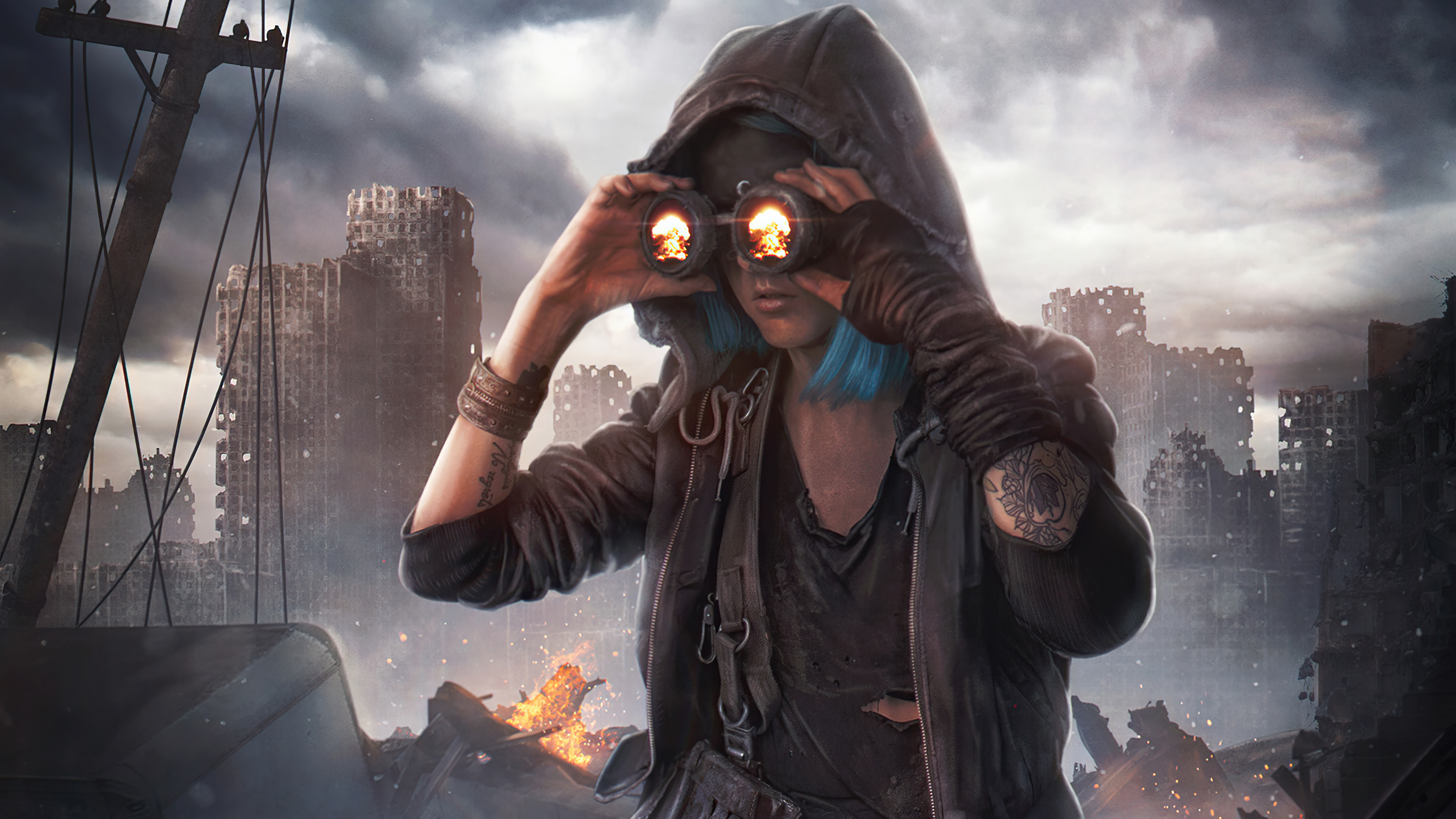 Post-apocalyptic warrior with goggles in ruined city HD Wallpaper