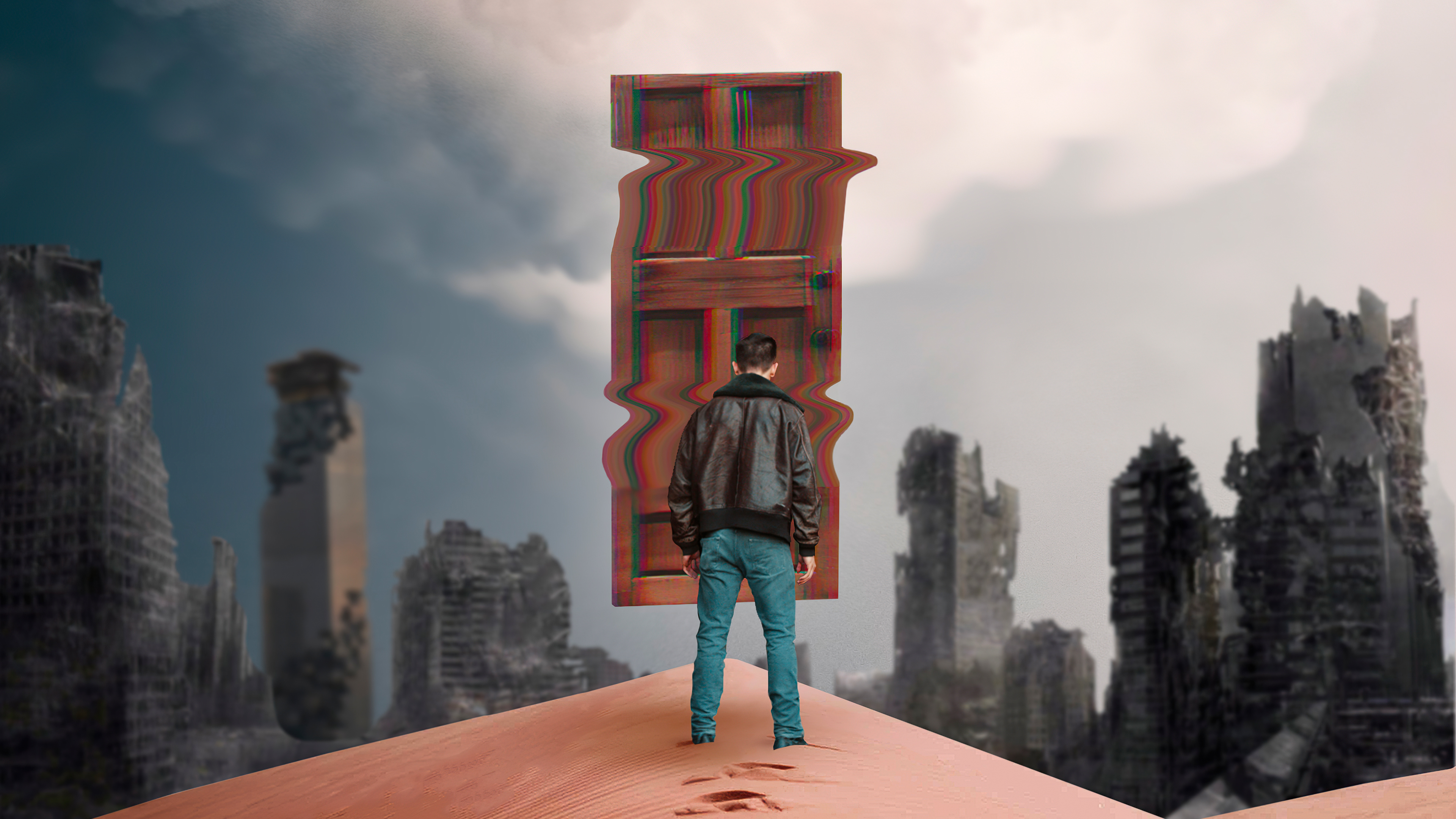 Man in a ruined city looking at a distorted door HD Wallpaper