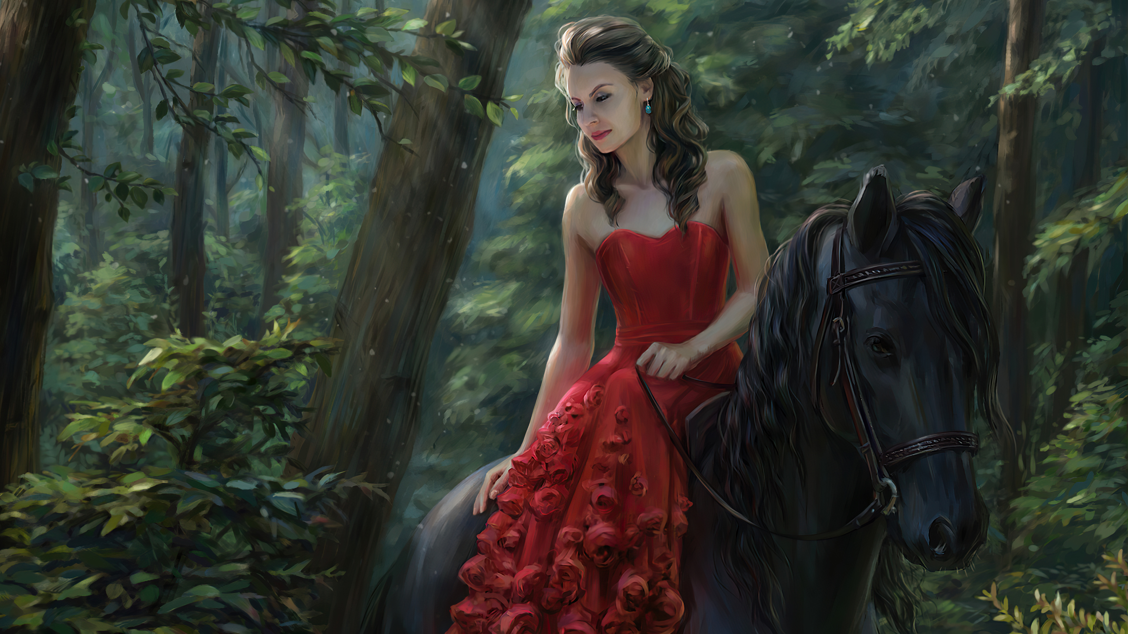 Woman in red dress riding a black horse in a forest HD Wallpaper