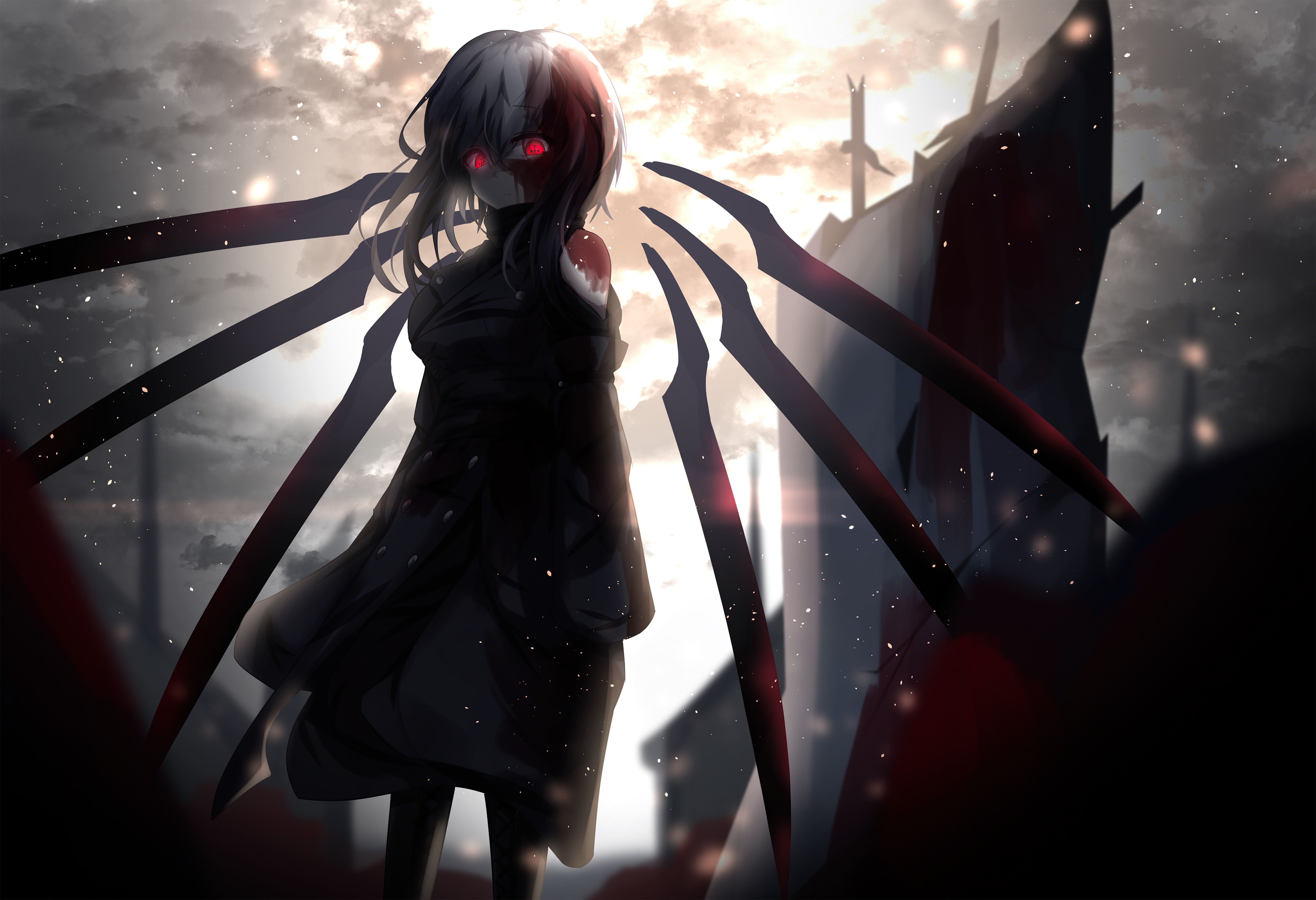 Anime girl with red eyes and dark wings HD Wallpaper