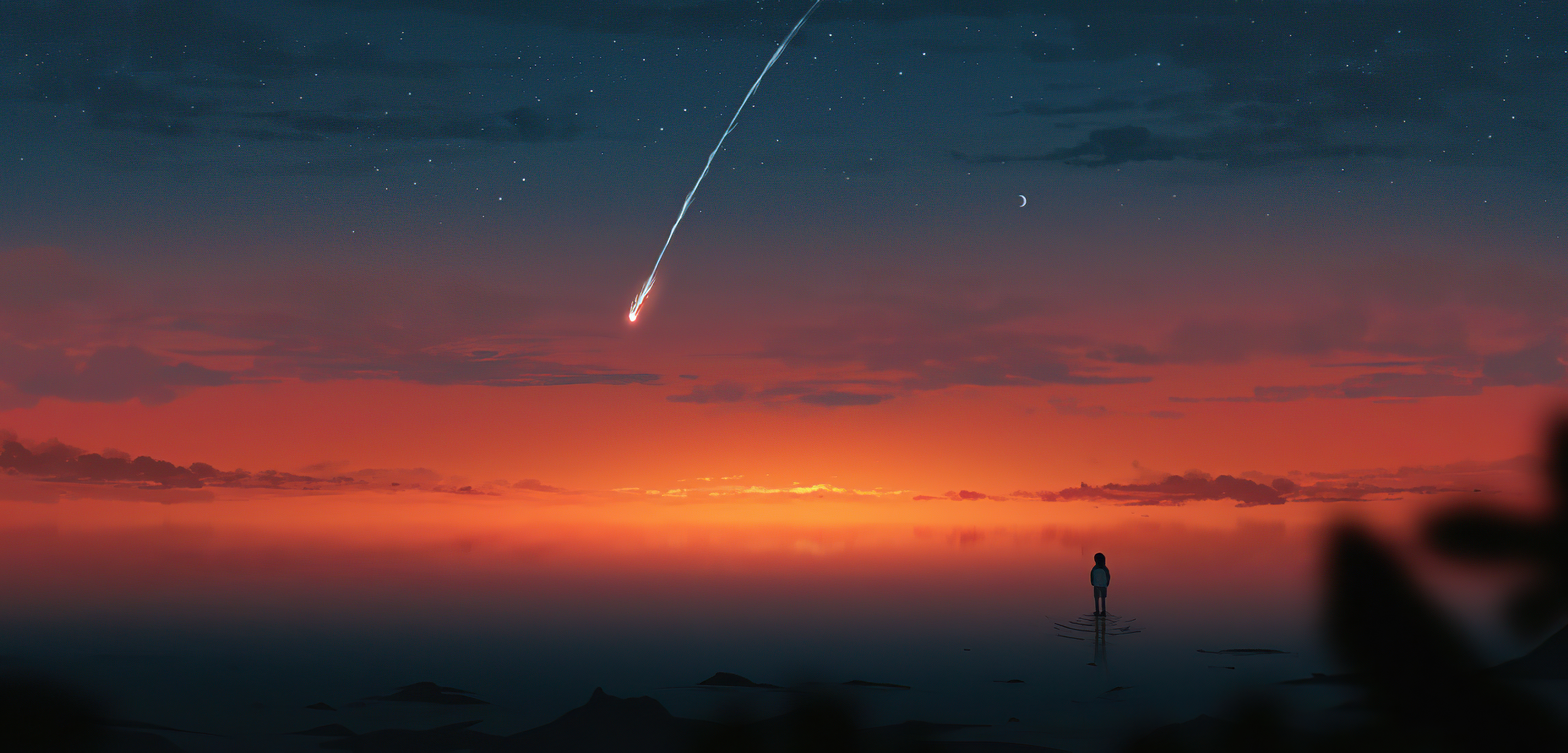 Anime artwork of a person watching a meteor shower at sunset HD Wallpaper