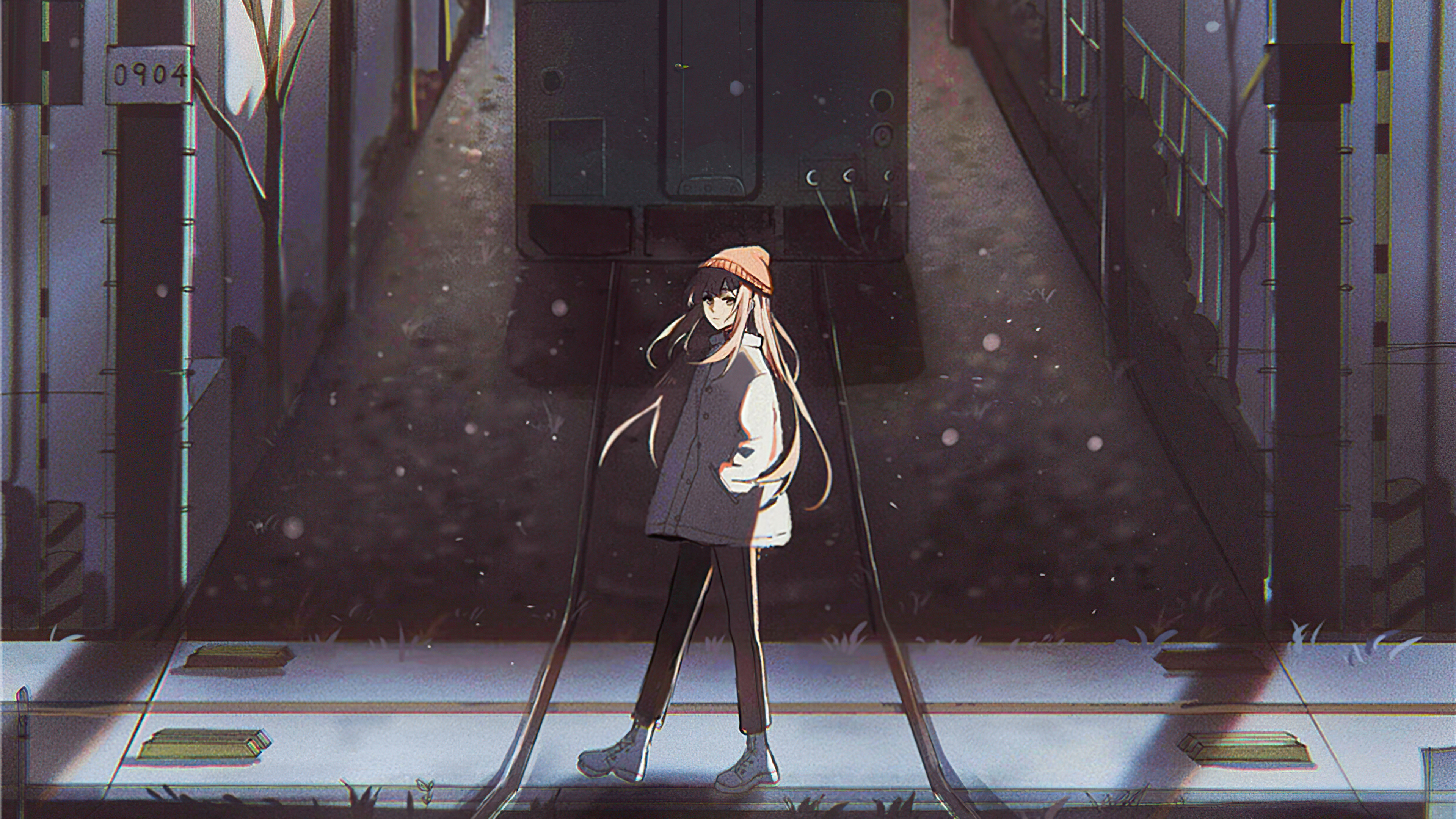 Anime girl standing on train tracks at night HD Wallpaper