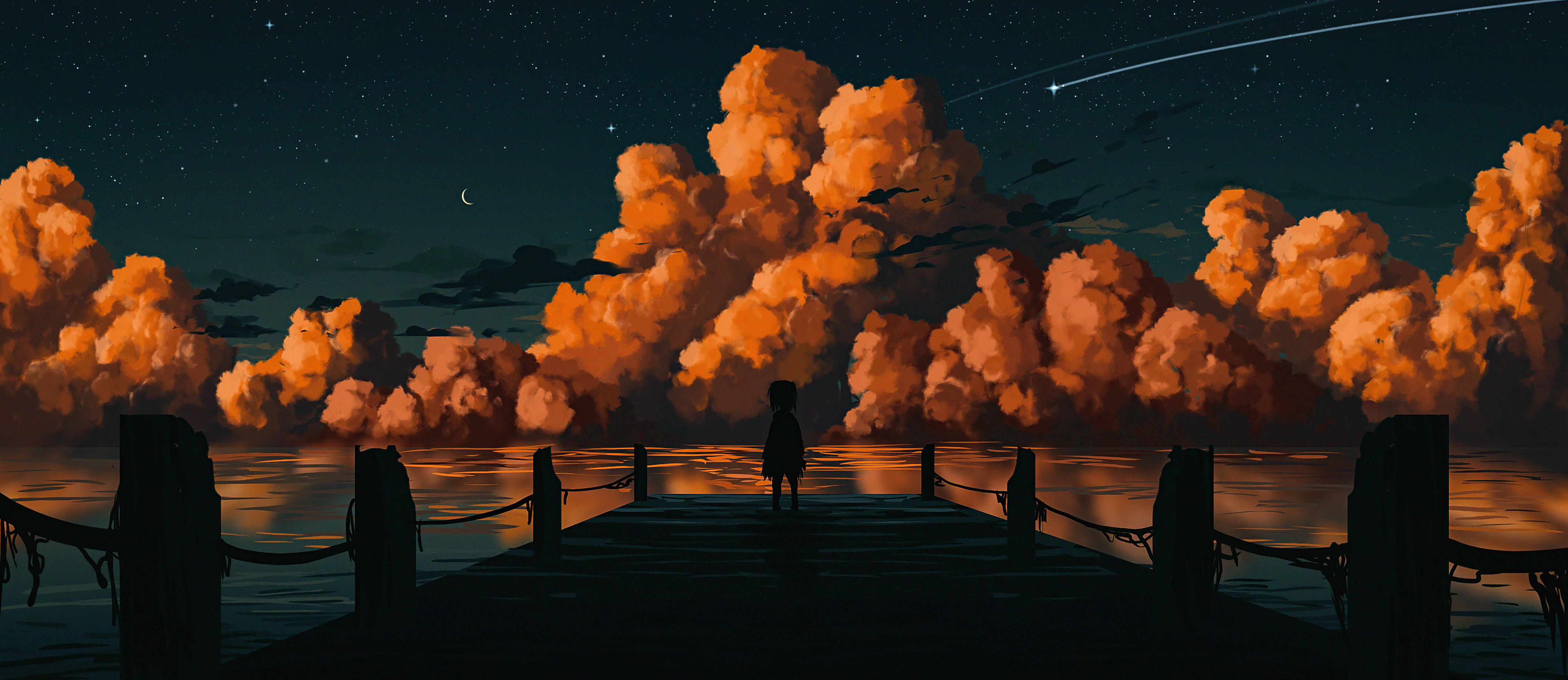 Silhouette of a person on a dock watching clouds HD Wallpaper