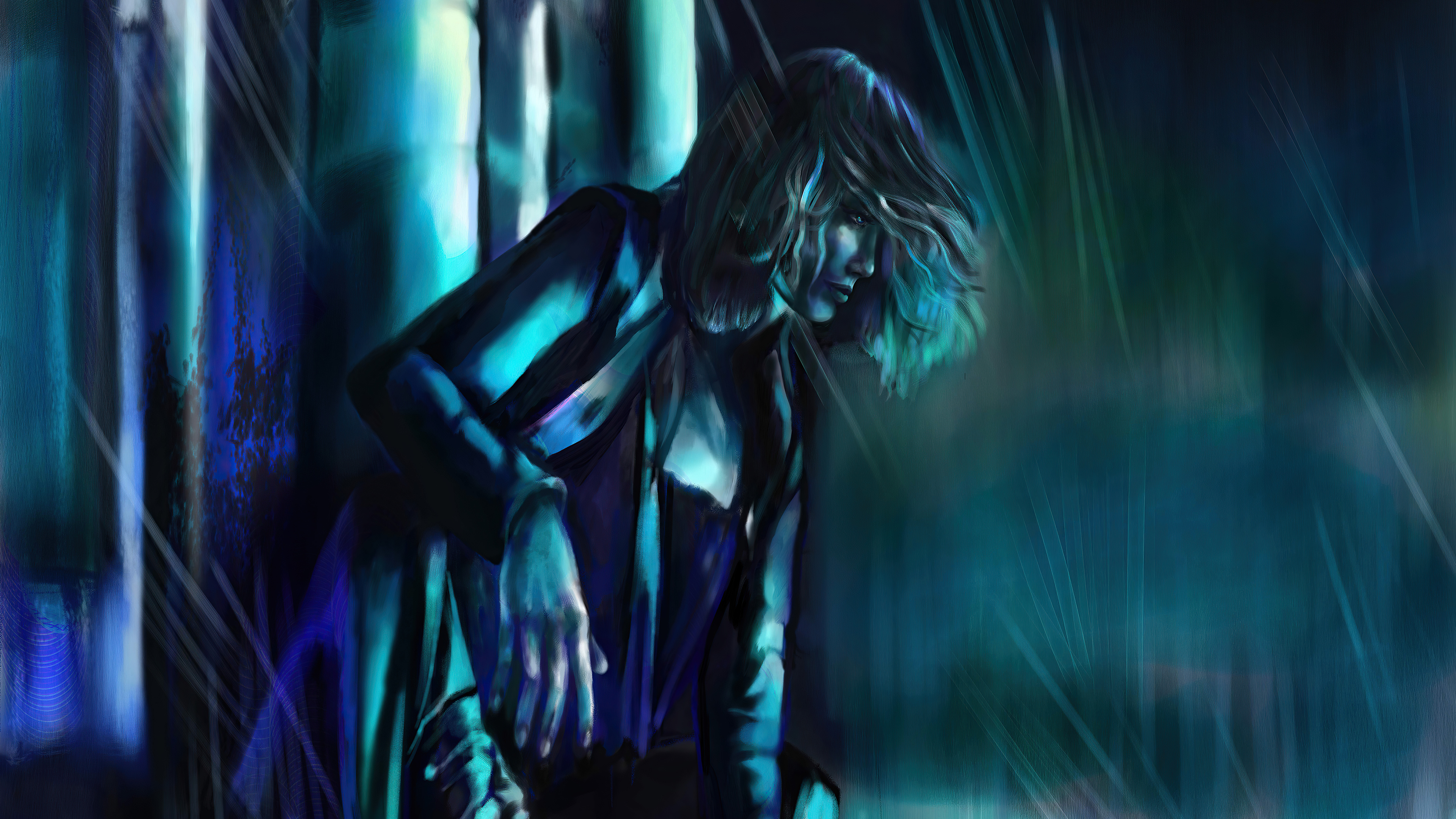 Artwork of a woman in blue and green light HD Wallpaper