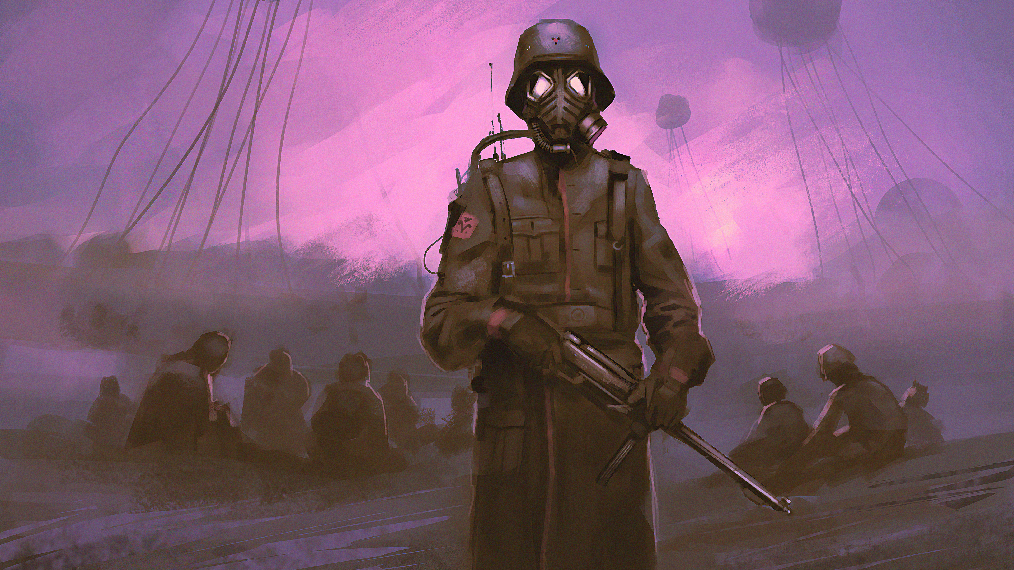 Soldier with gas mask and rifle in a desolate landscape HD Wallpaper