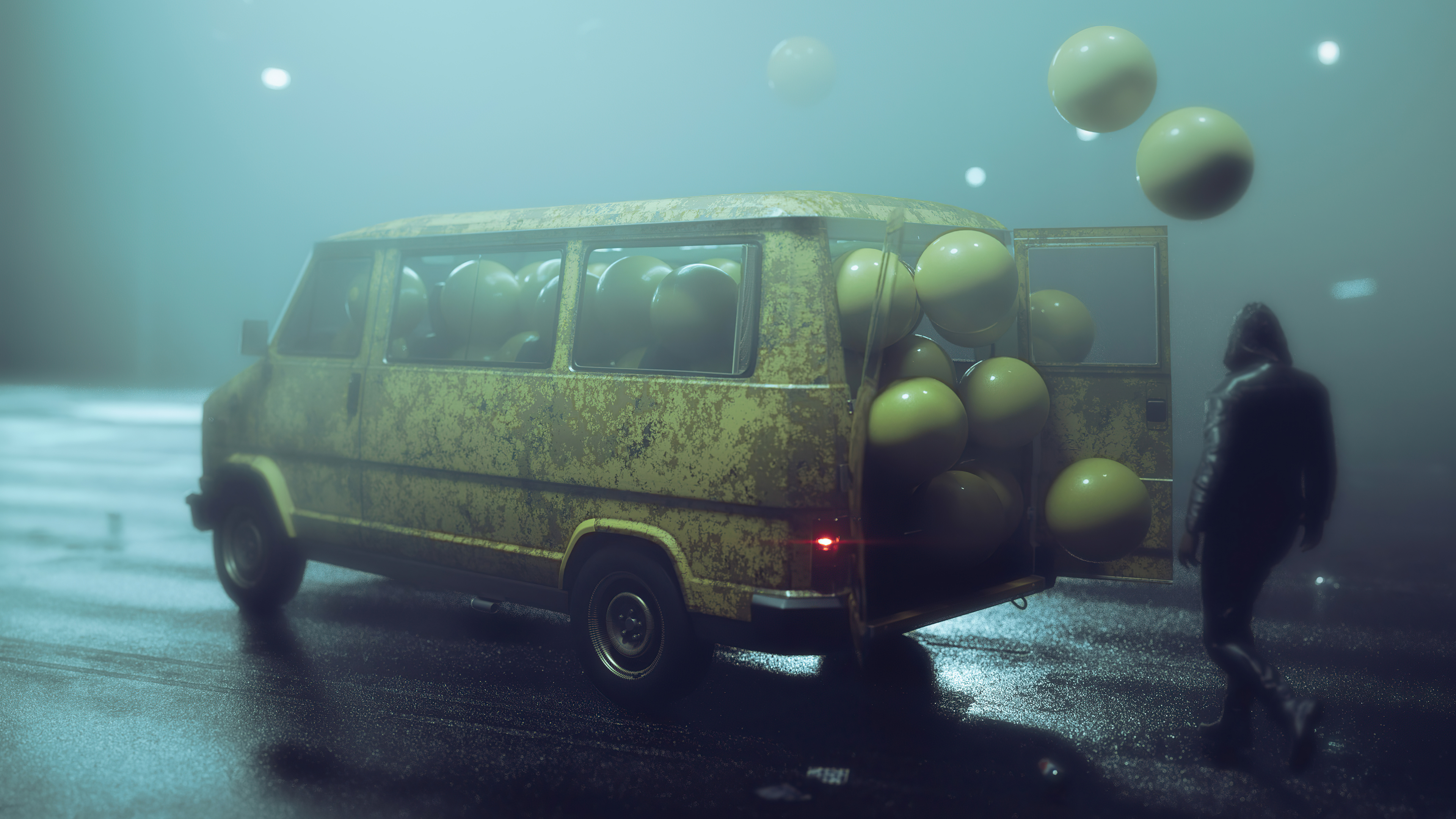 Yellow van filled with balloons and a hooded figure HD Wallpaper