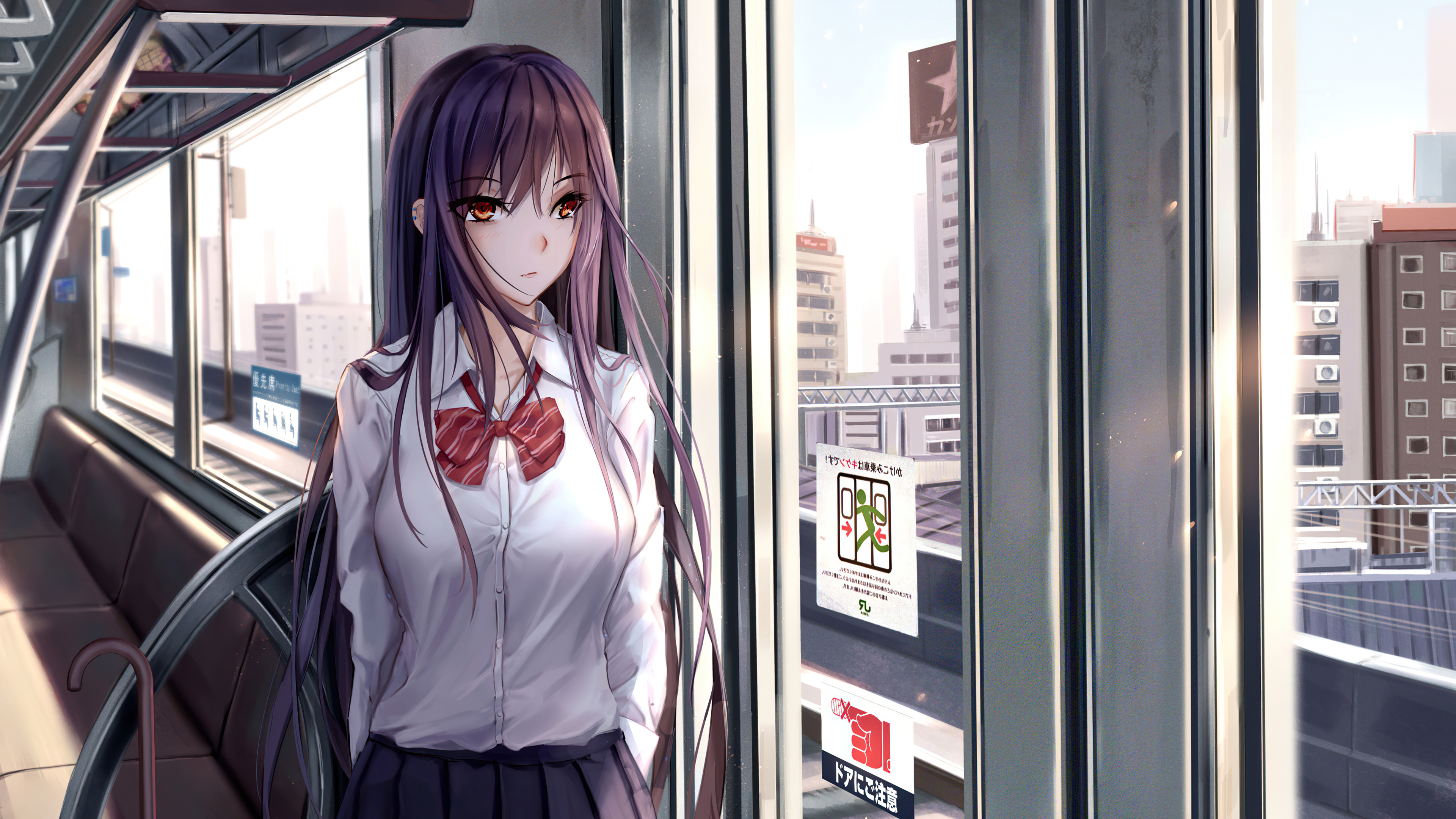 Anime girl in school uniform on a train HD Wallpaper