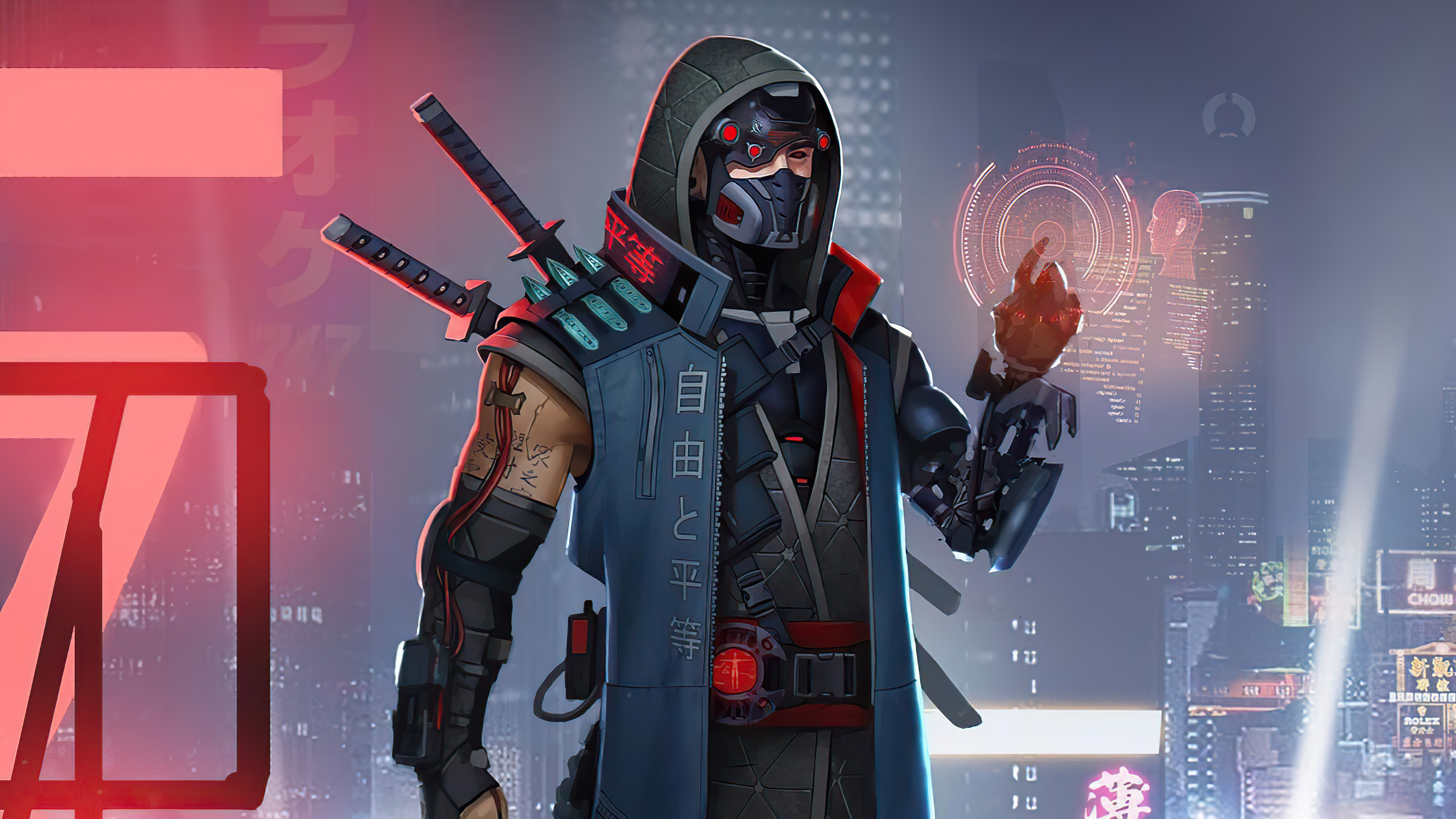Sci-fi character with swords in a futuristic city HD Wallpaper