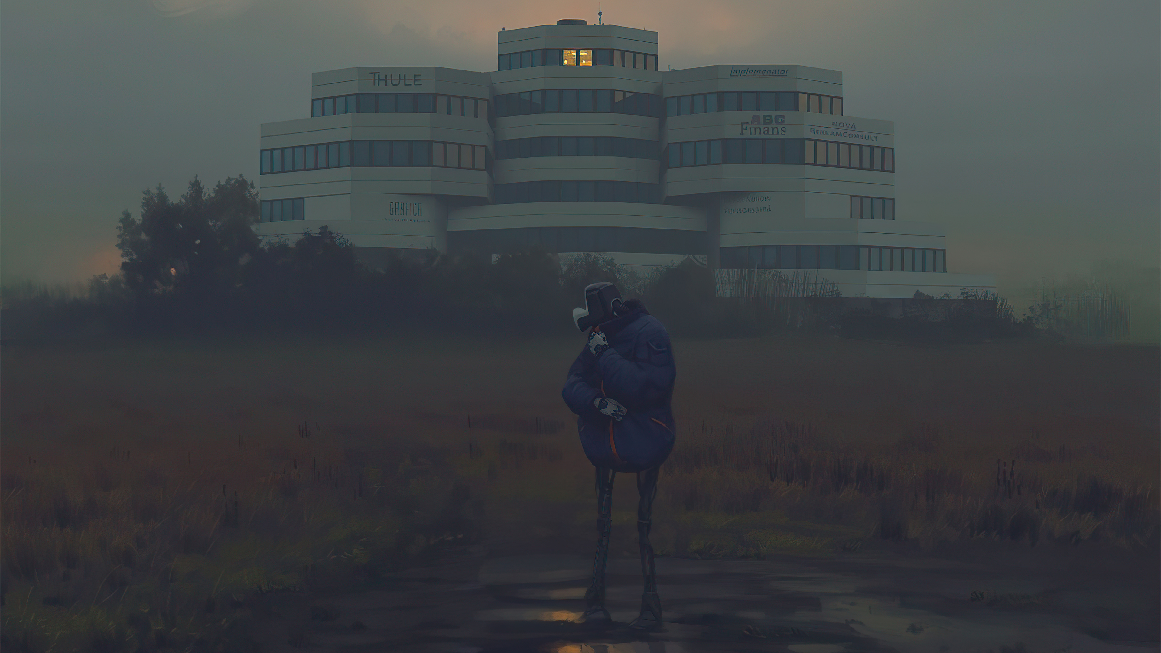 Figure in a blue jacket in front of a foggy office building HD Wallpaper
