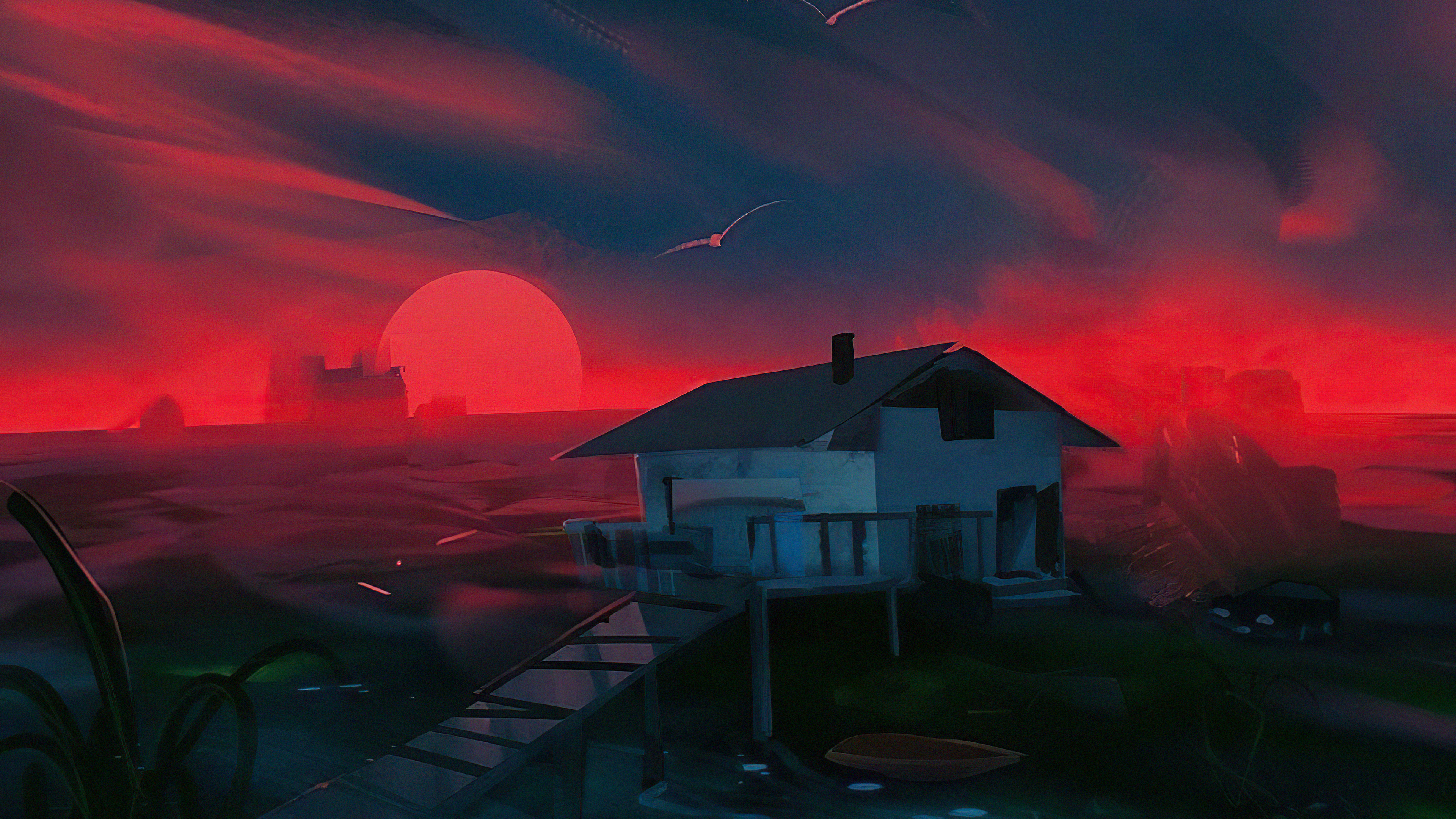 Digital Art of a House by the Water at Sunset HD Wallpaper