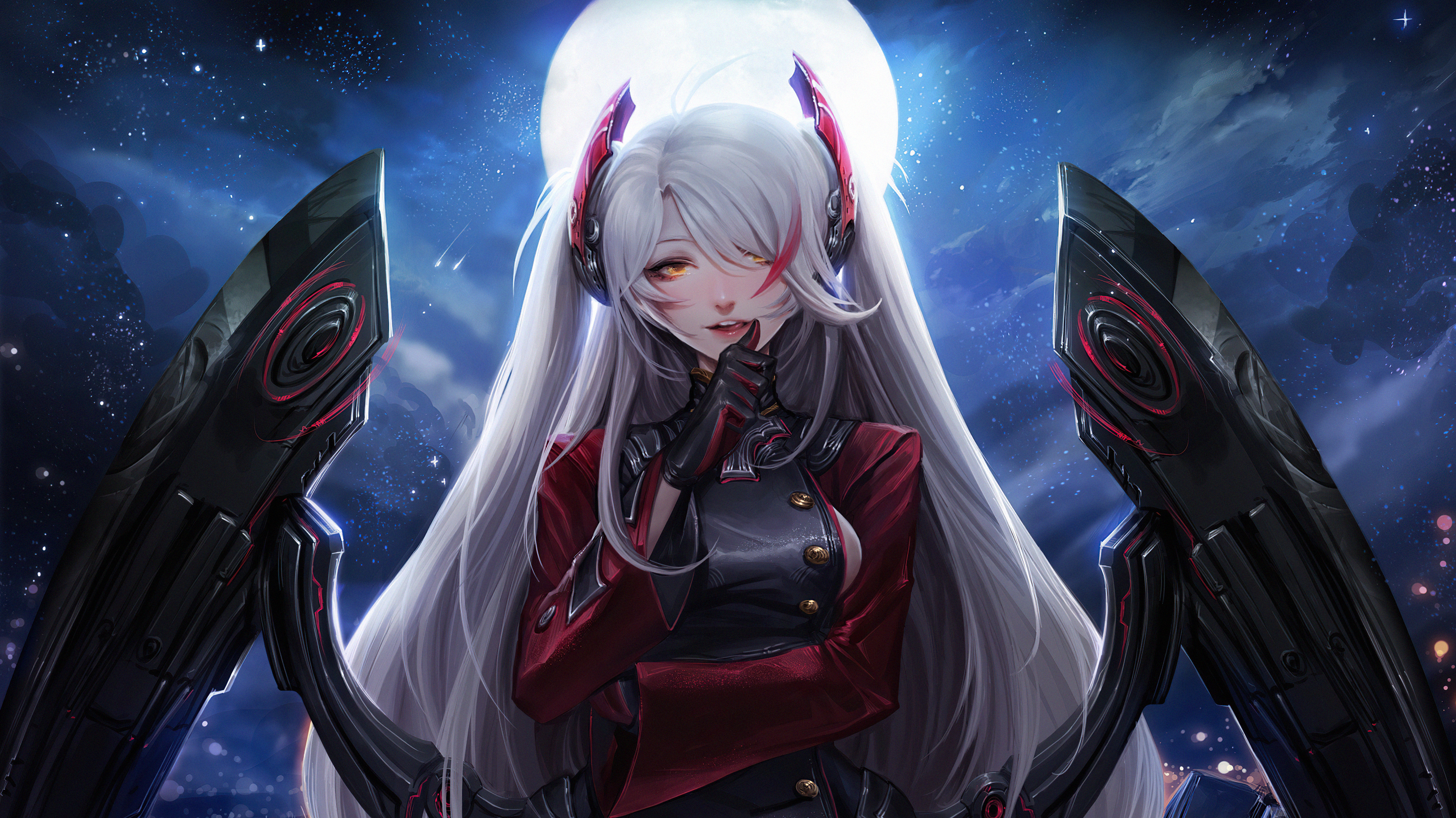 Fantasy girl with white hair and red uniform HD Wallpaper
