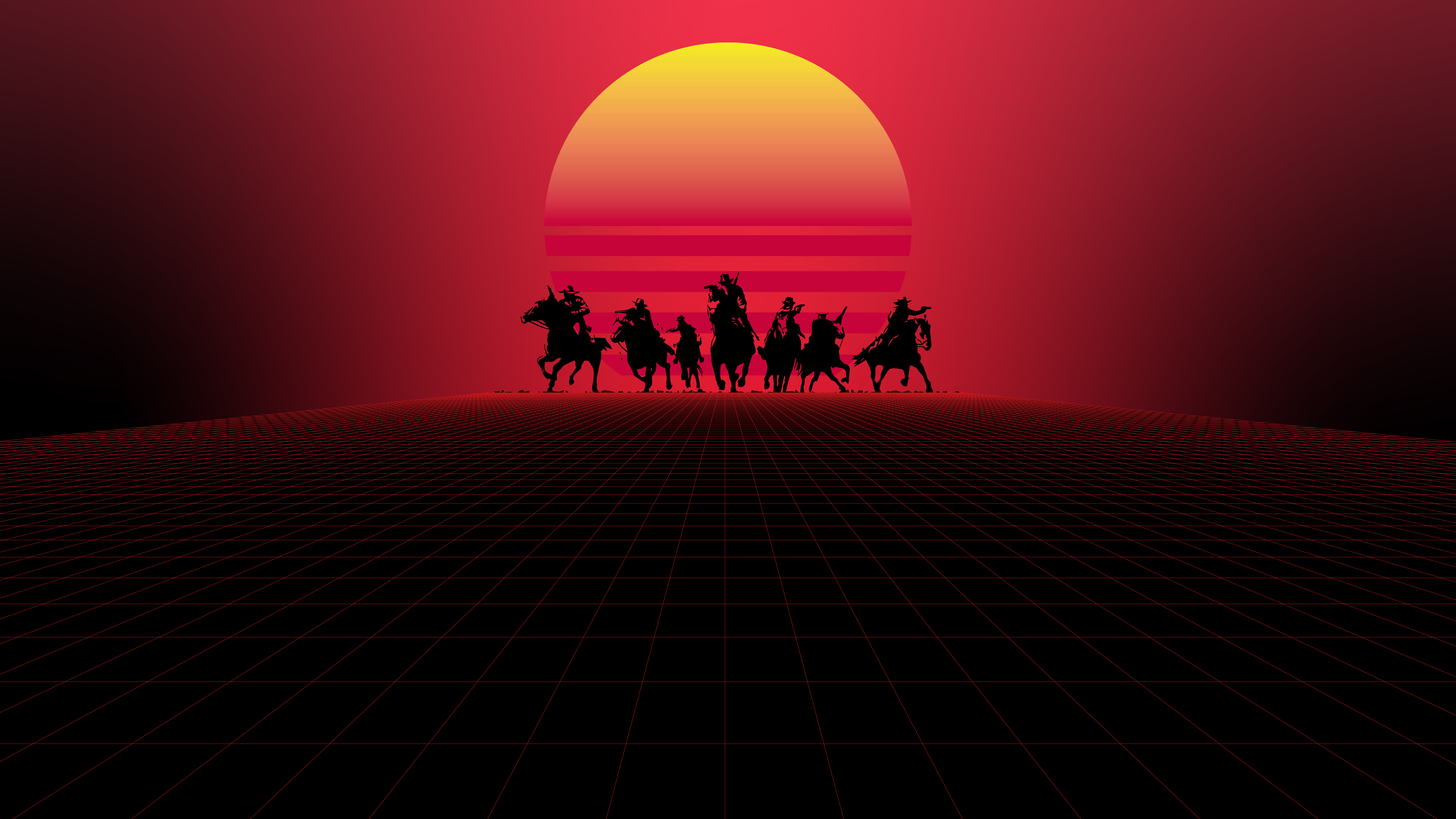 Red Dead Redemption 2 cowboys silhouetted against a sunset HD Wallpaper