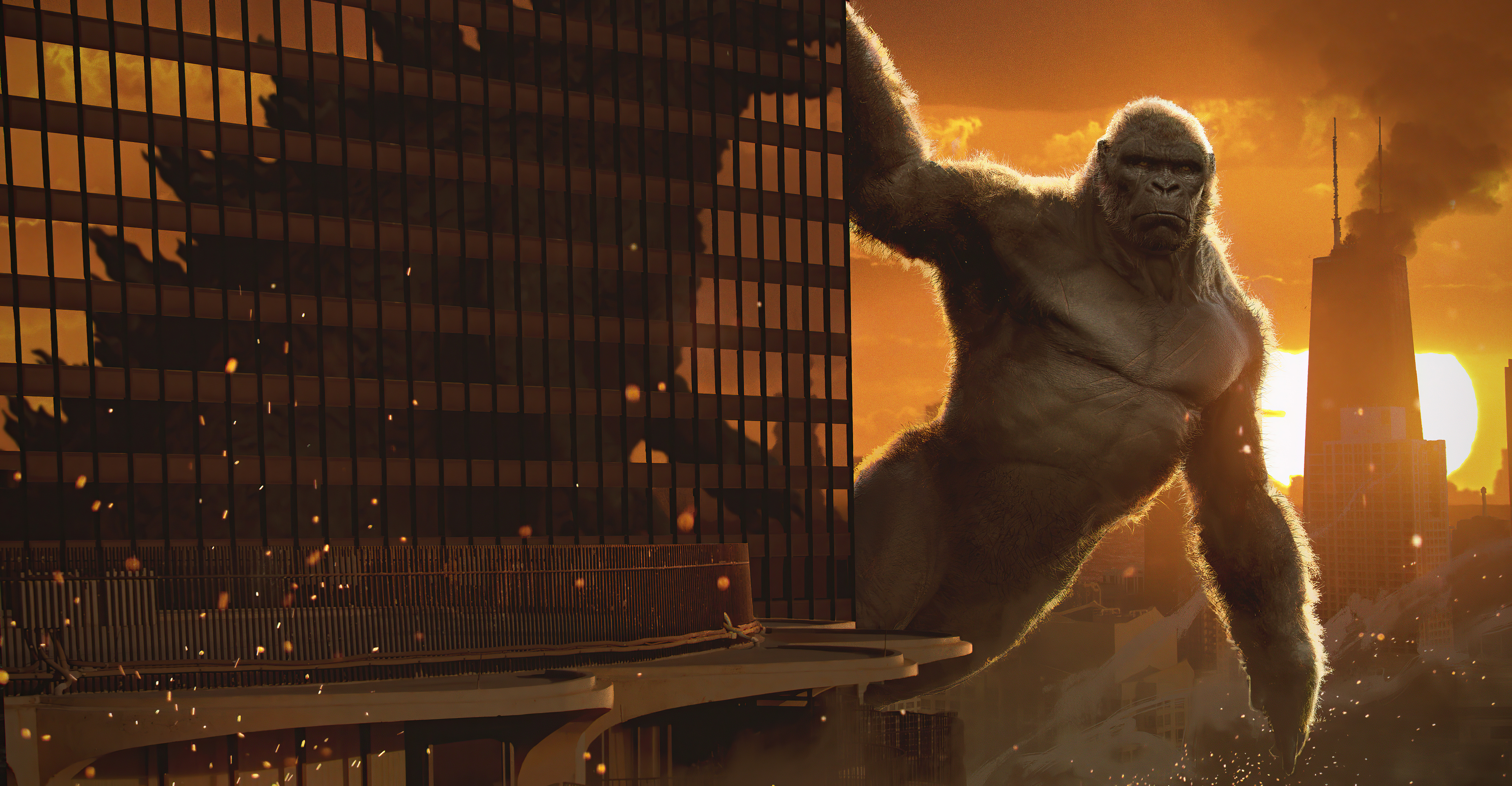 King Kong climbing a skyscraper in a city HD Wallpaper