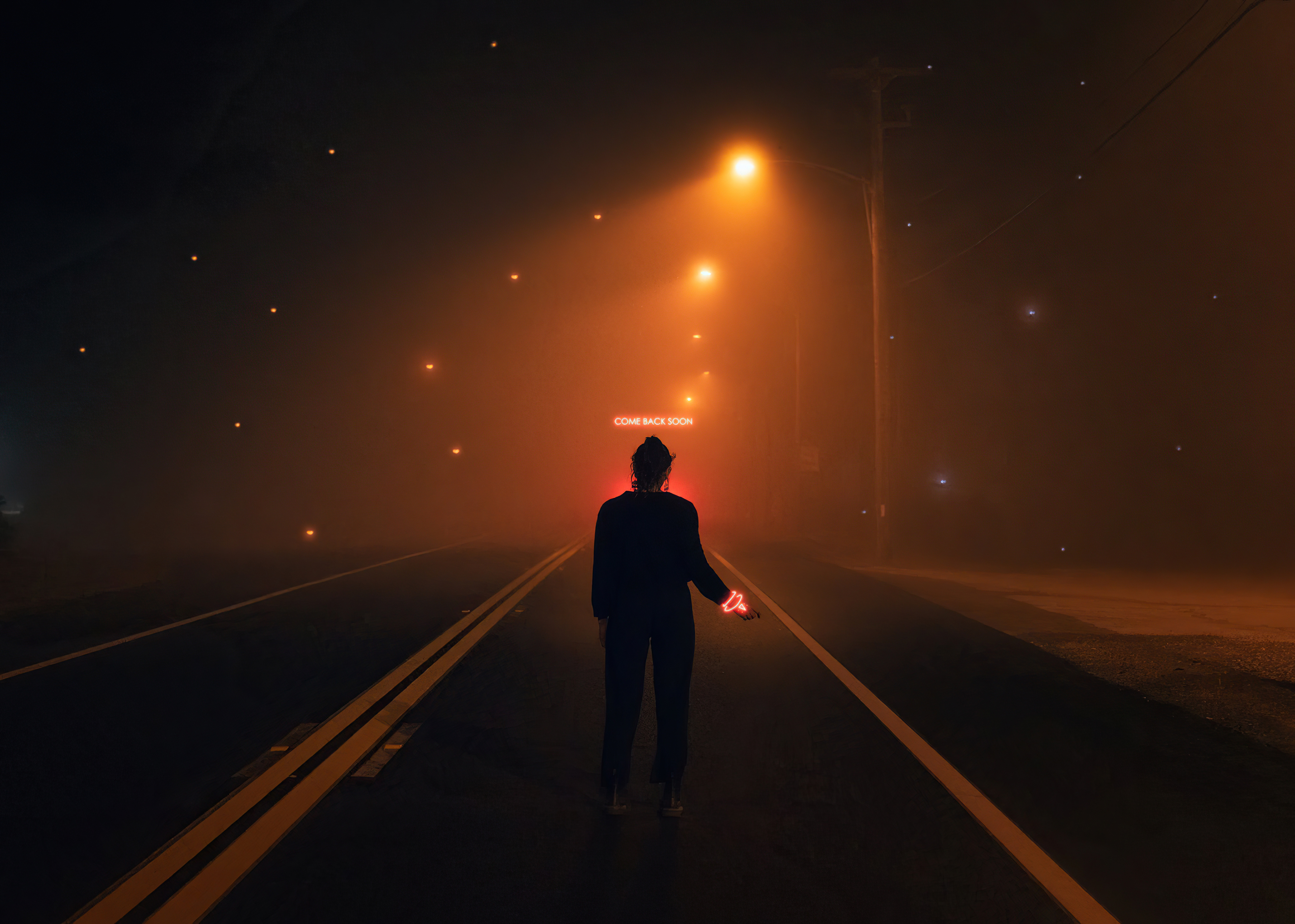 Person on foggy road with neon sign HD Wallpaper