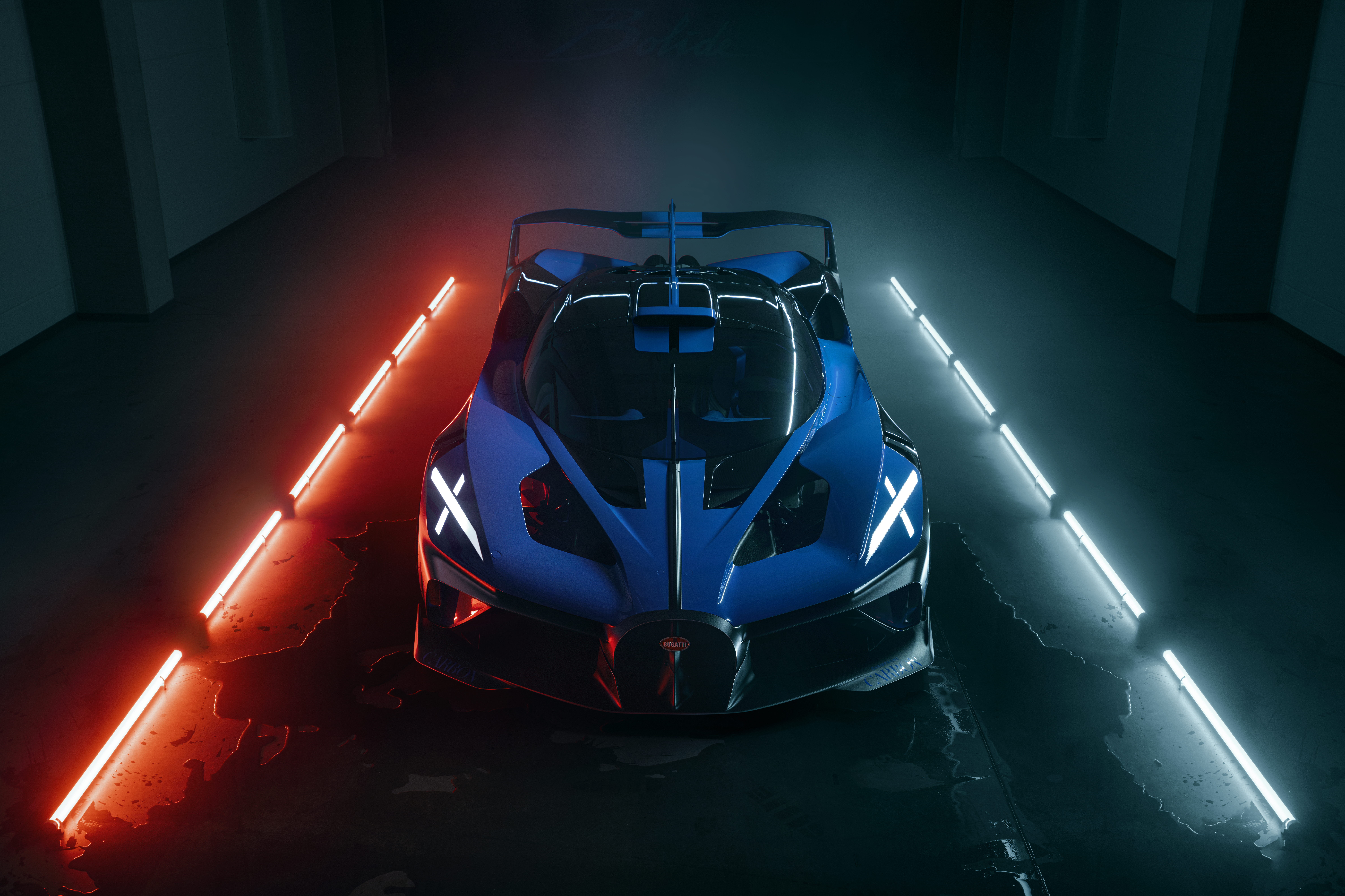 Bugatti Bolide car in a dark tunnel with neon lights HD Wallpaper