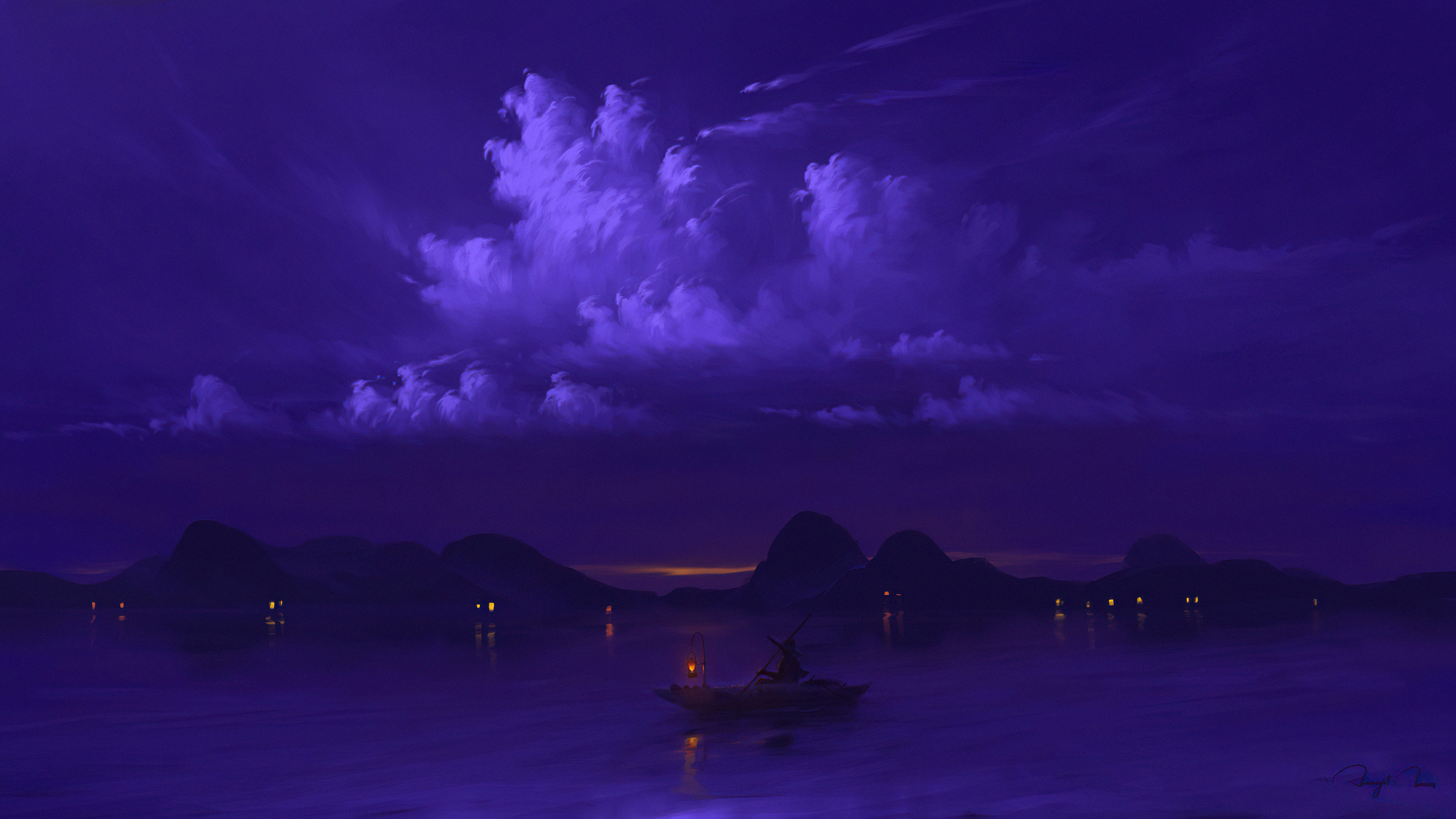 Boat with lantern on a lake at night HD Wallpaper
