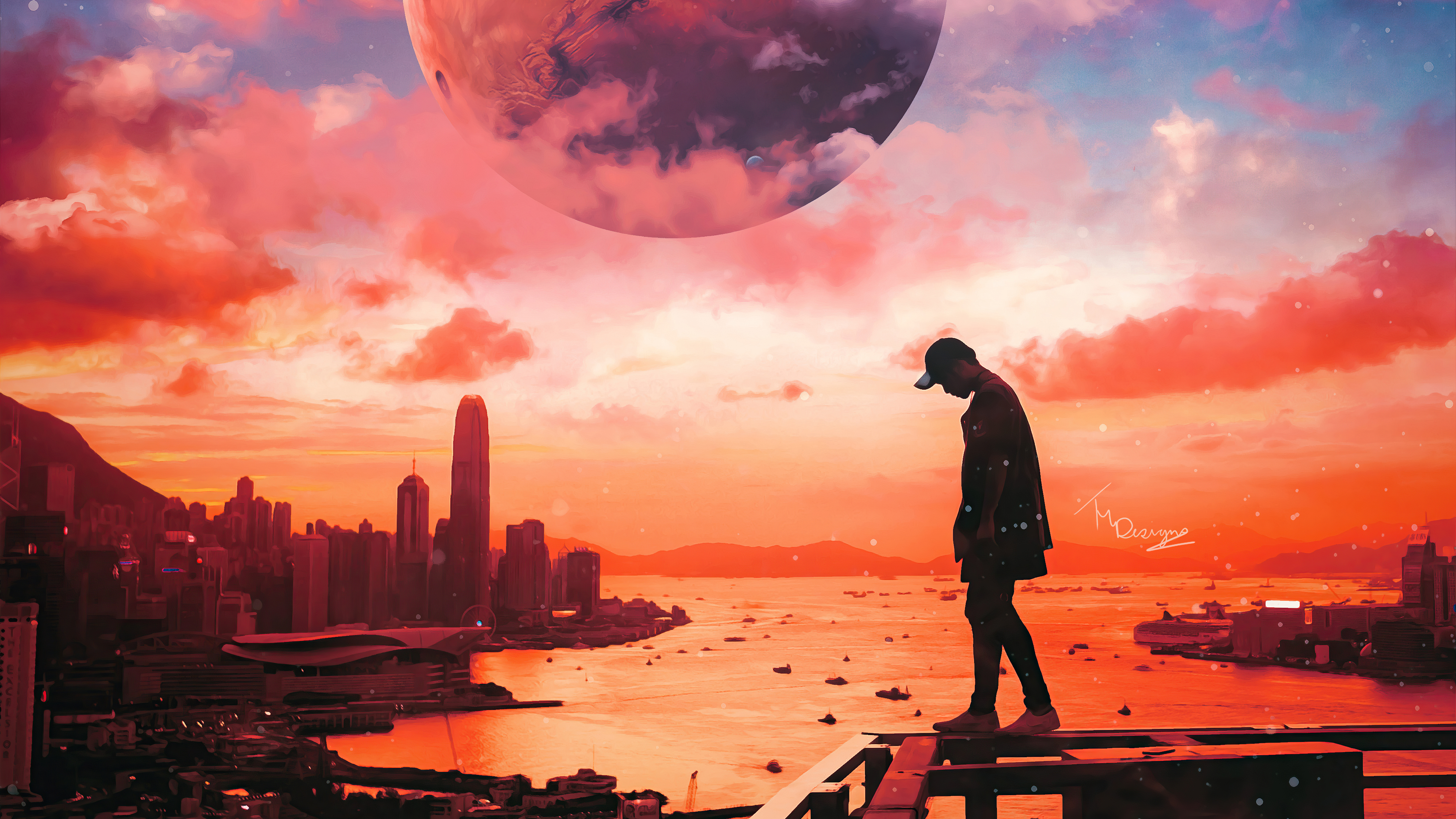 Man on rooftop overlooking city at sunset with planet HD Wallpaper
