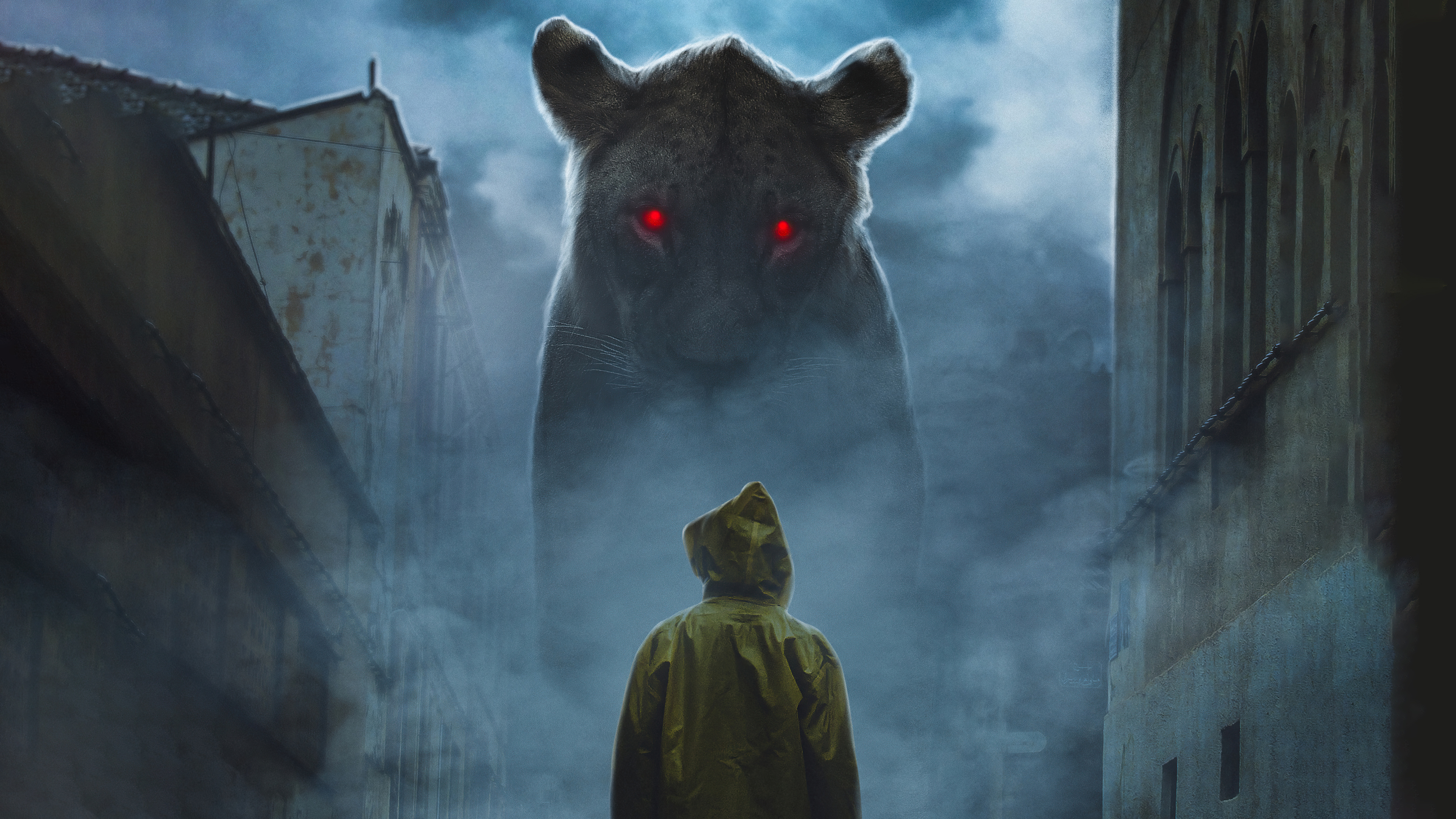 Giant panther with red eyes in a foggy city HD Wallpaper