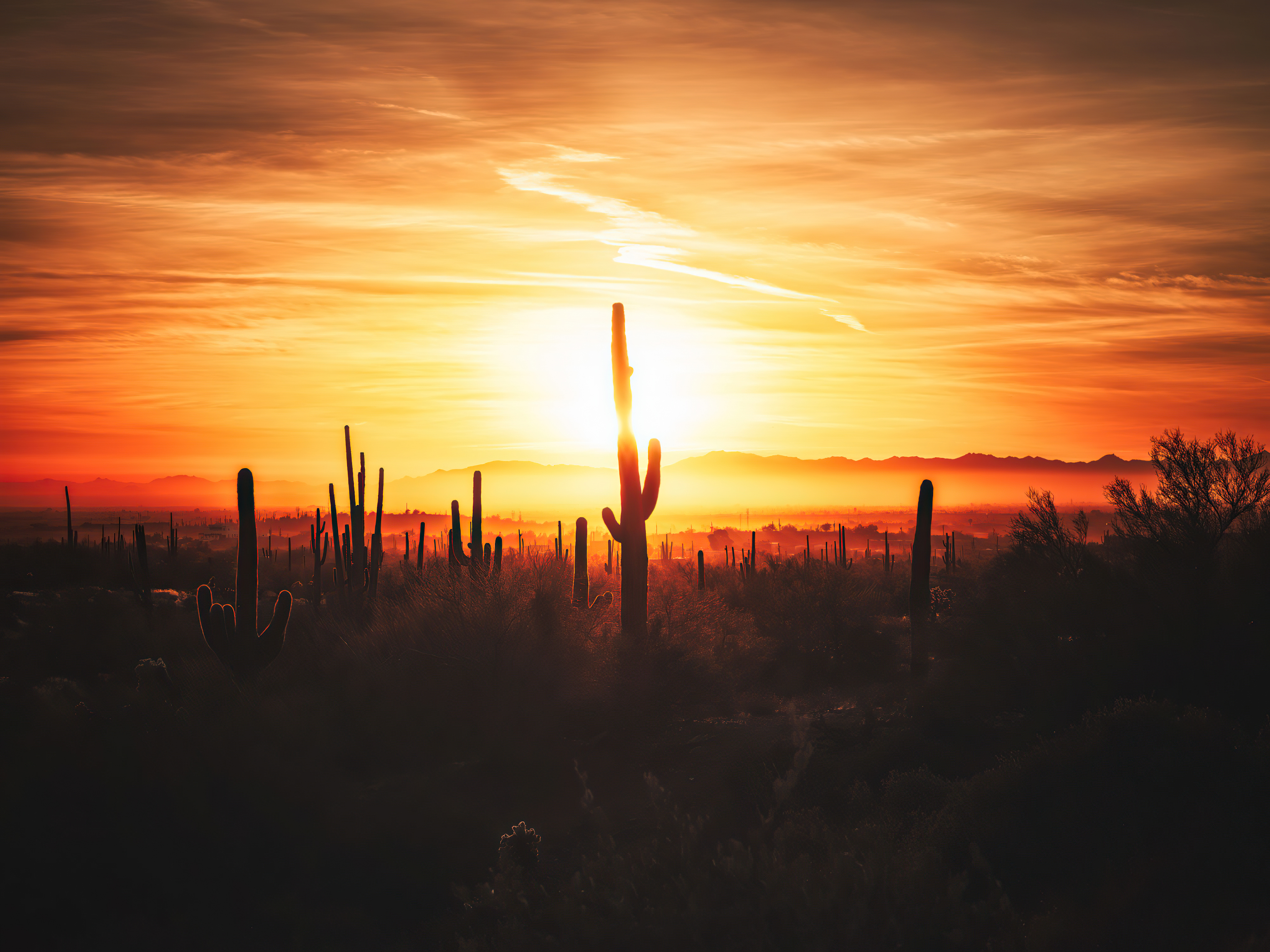 Desert sunset with saguaro cacti HD Wallpaper