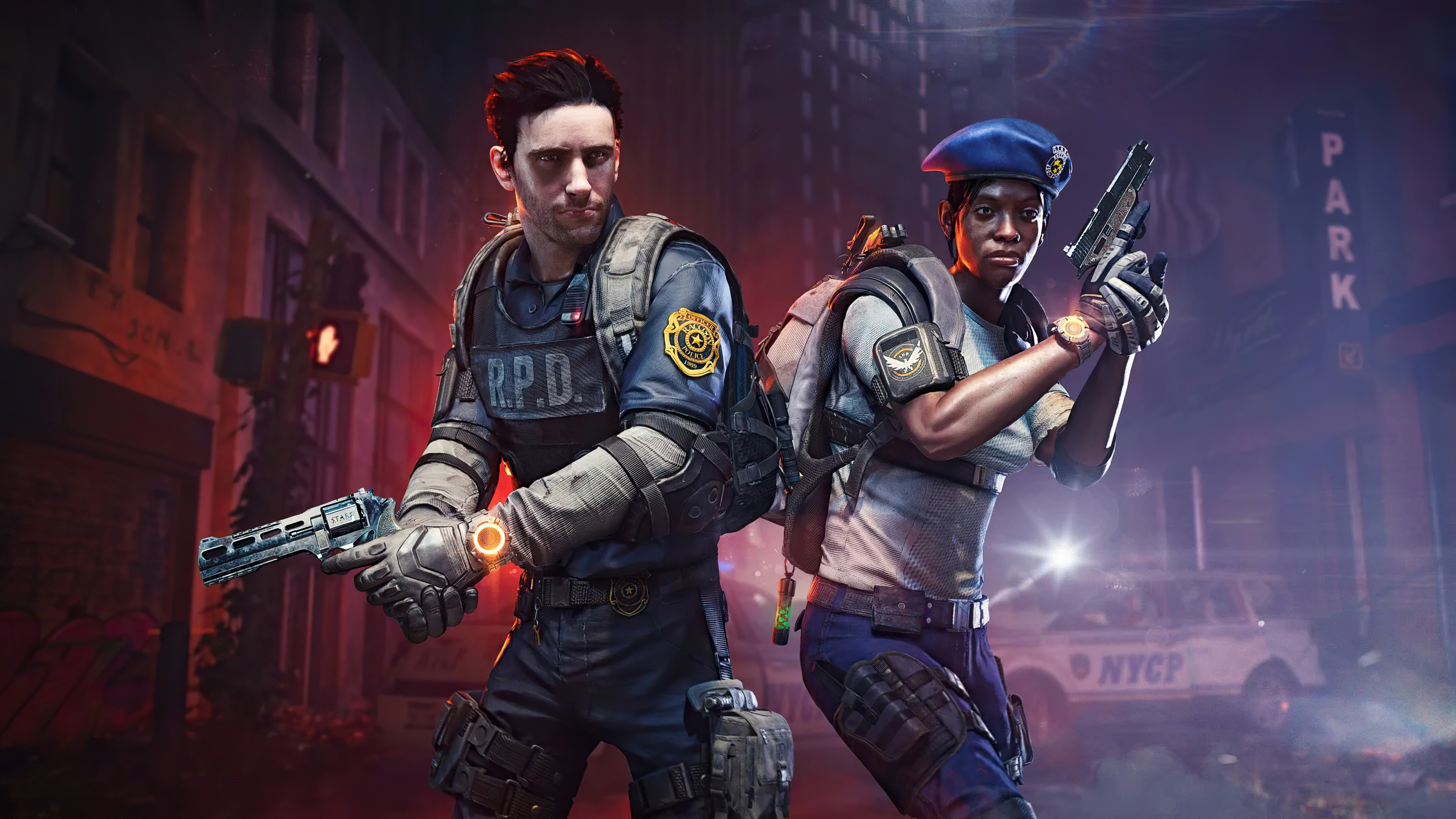 Two R.P.D. officers with guns in a city at night HD Wallpaper